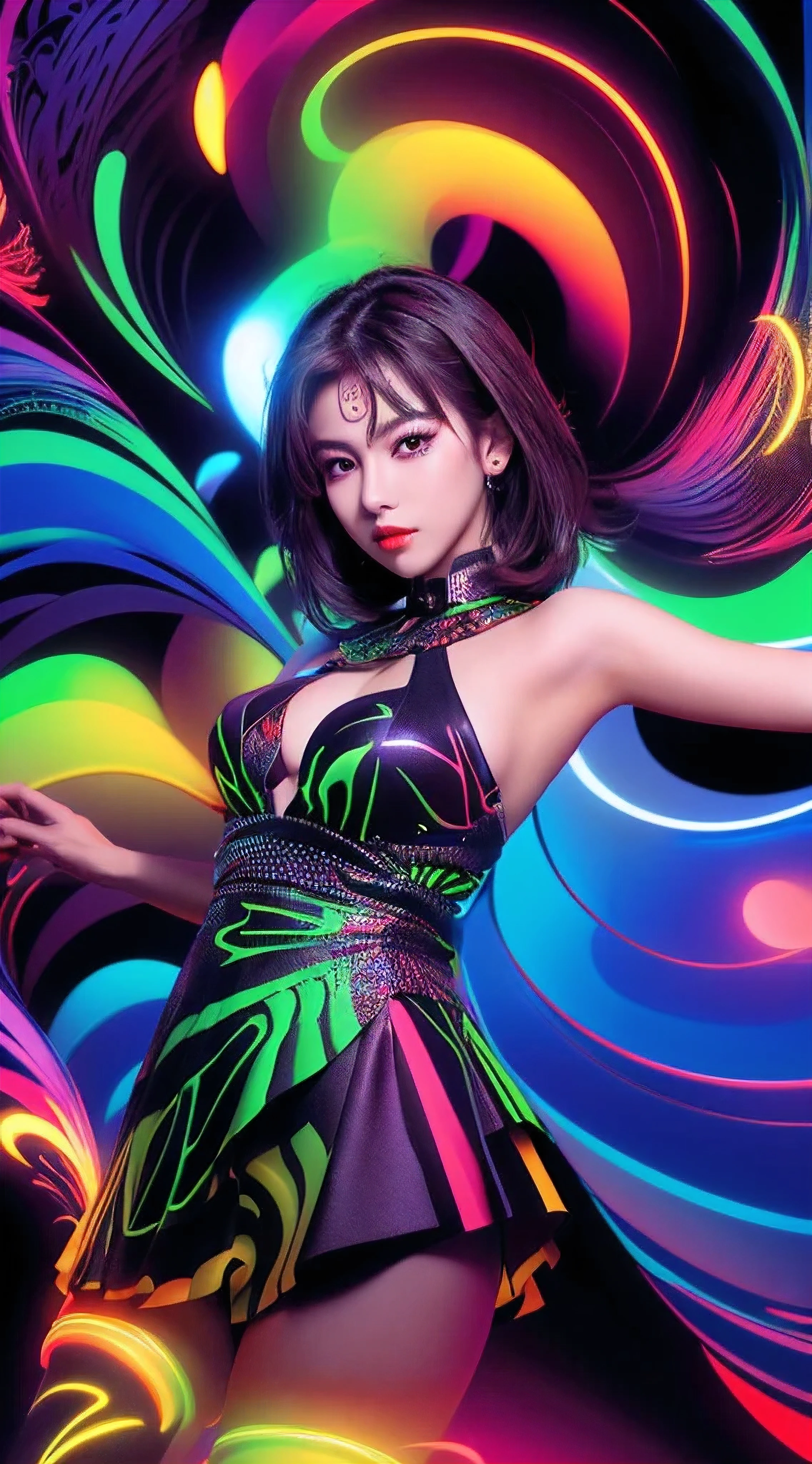 (masutepiece, of the highest quality, Best Quality, Official art, Beautiful and aesthetic:1.2), (1girl in:1.3), Extremely detailed,(Fractal Art:1.2),Colorful,highest details,( Zentangle Neon:1.2), (Dynamic Pose), (Abstract background neon:1.5), (Congressional Dresses:1.2), (Shiny skin), (Many colors:1.4), half body , medium breast, neons,16 K,Full-HD