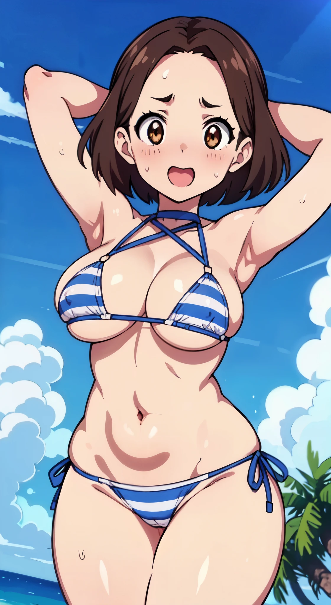(Close-up、16k、highest quality、high detail、rich skin details、nffsw、anime screen capture)、(NSFW)、Watch anywhere、obedience、mature woman、:D、(((((surprised)))))、wavy mouth、Sweat、((very big breasts))、parted bangs、(blue striped string panties)、(swollen nipples)、(Bikinis aside)、mature woman、brown haired、brown eyes、(short hair)、((Forehead))、blushed、(((((embarrassing)))))、((((big ass))))、(thick thighs)、armpit、(hands behind head)、(look away)、beach