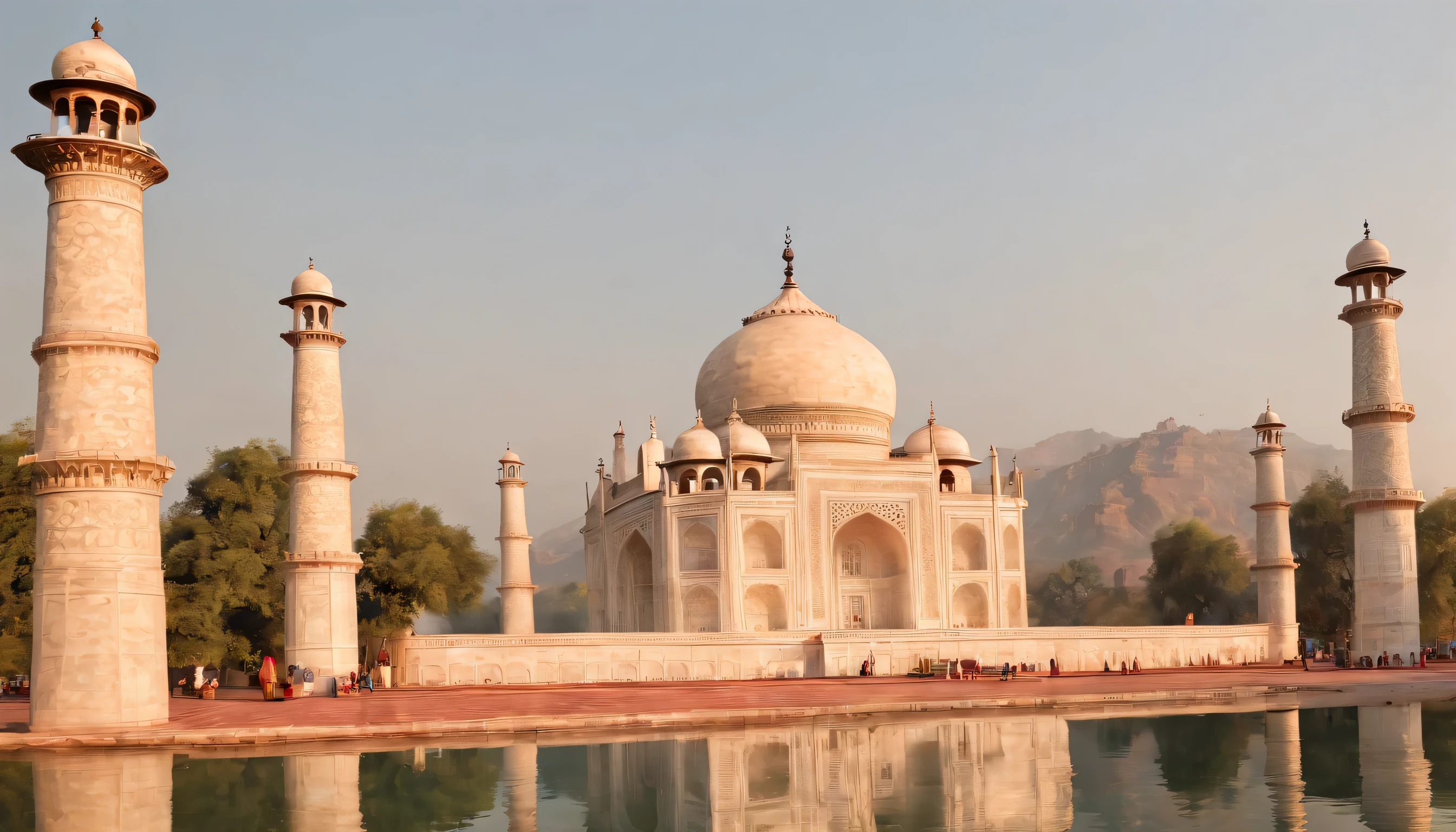 (Highly detailed CG Unity 8k wallpaper、masterpiece、highest quality、Super detailed)、(best lighting、best shadow、very delicate and beautiful)、highest quality、8k、Detailed facial depiction、masterpiece、highest quality、clear image quality、
Landscape of the Taj Mahal in India illuminated by the setting sun。