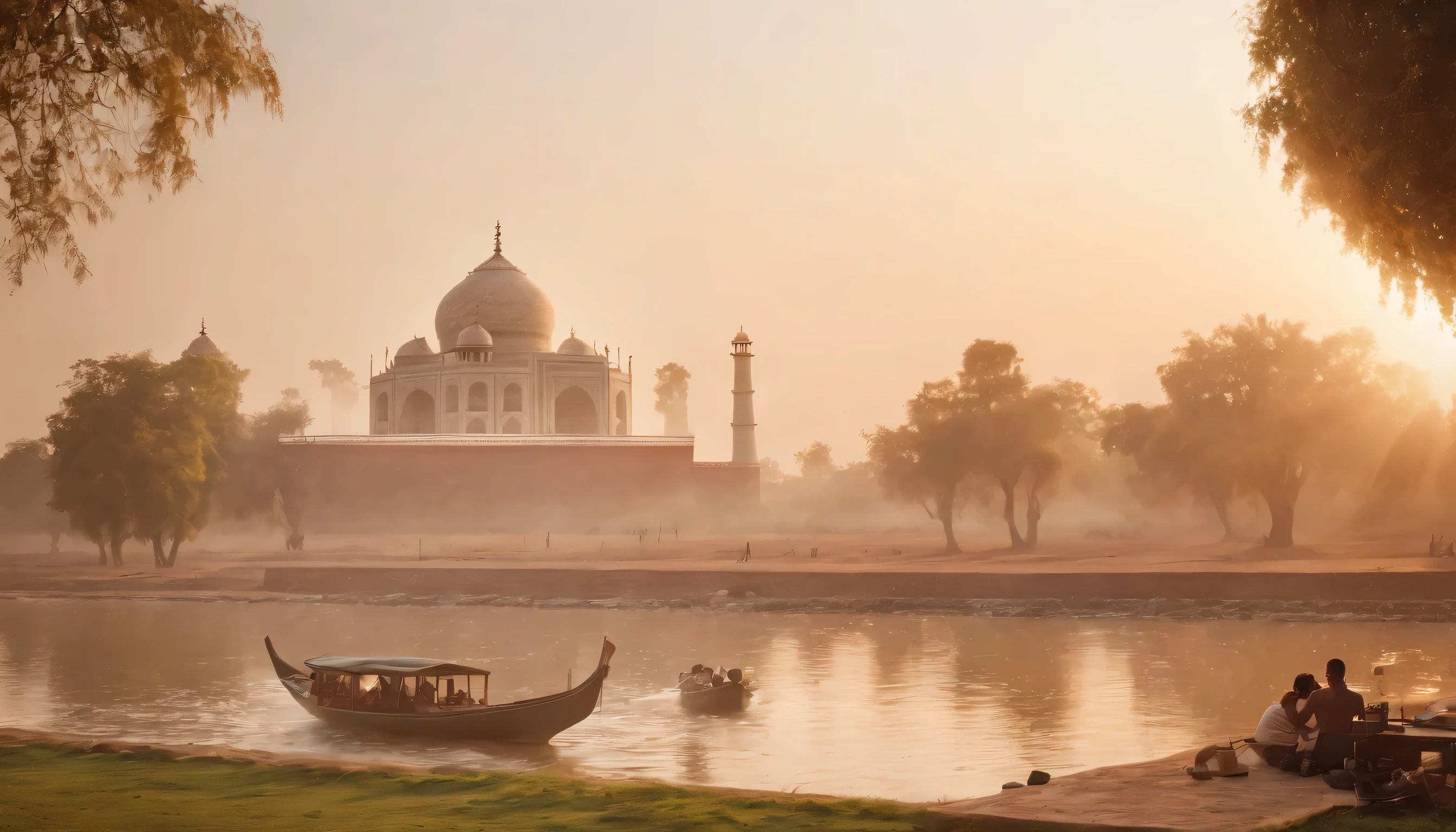 (Highly detailed CG Unity 8k wallpaper、masterpiece、highest quality、Super detailed)、(best lighting、best shadow、very delicate and beautiful)、highest quality、8k、Detailed facial depiction、masterpiece、highest quality、clear image quality、
Landscape of the Taj Mahal in India illuminated by the setting sun。