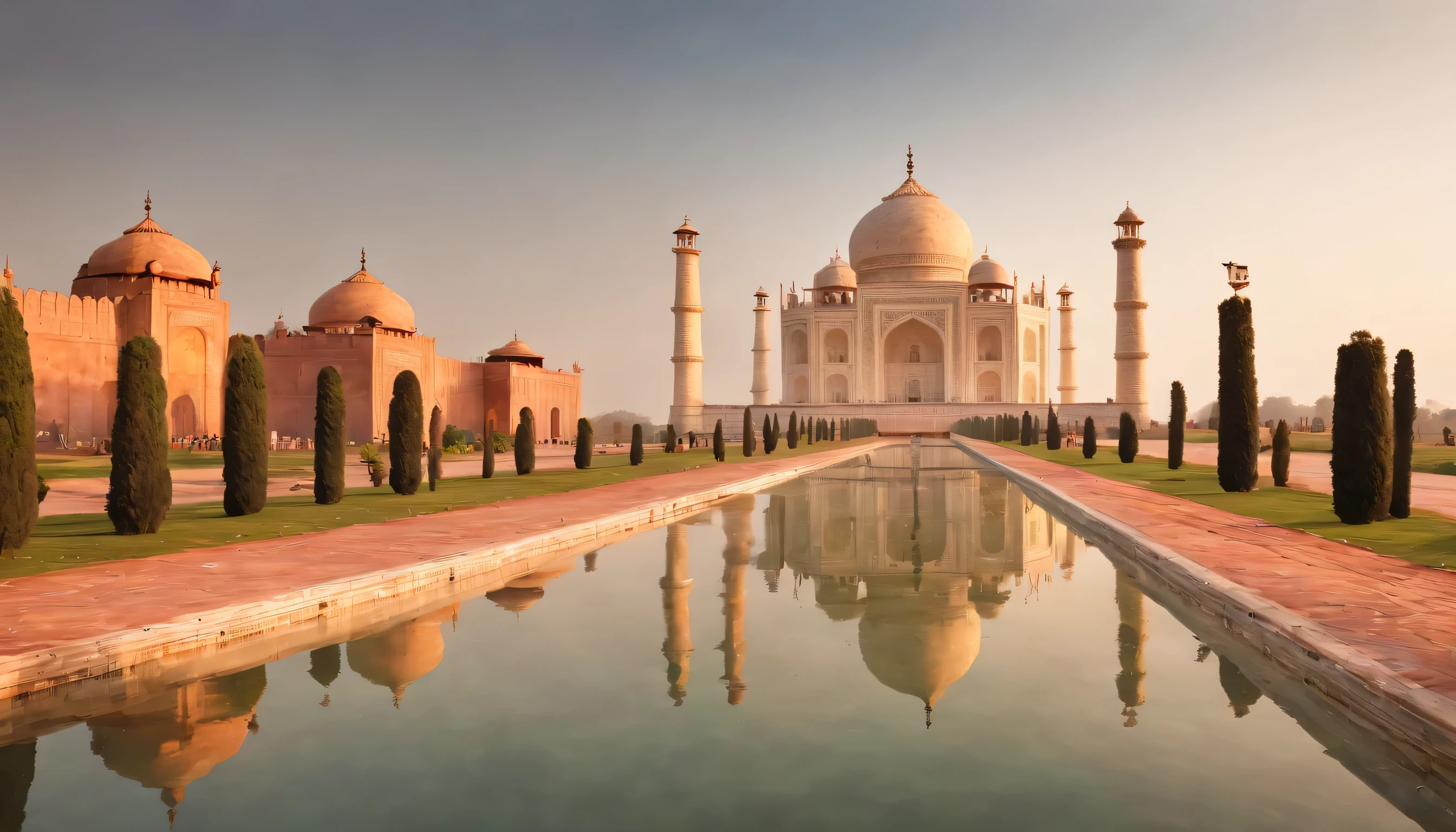 (Highly detailed CG Unity 8k wallpaper、masterpiece、highest quality、Super detailed)、(best lighting、best shadow、very delicate and beautiful)、highest quality、8k、Detailed facial depiction、masterpiece、highest quality、clear image quality、
Landscape of the Taj Mahal in India illuminated by the setting sun。