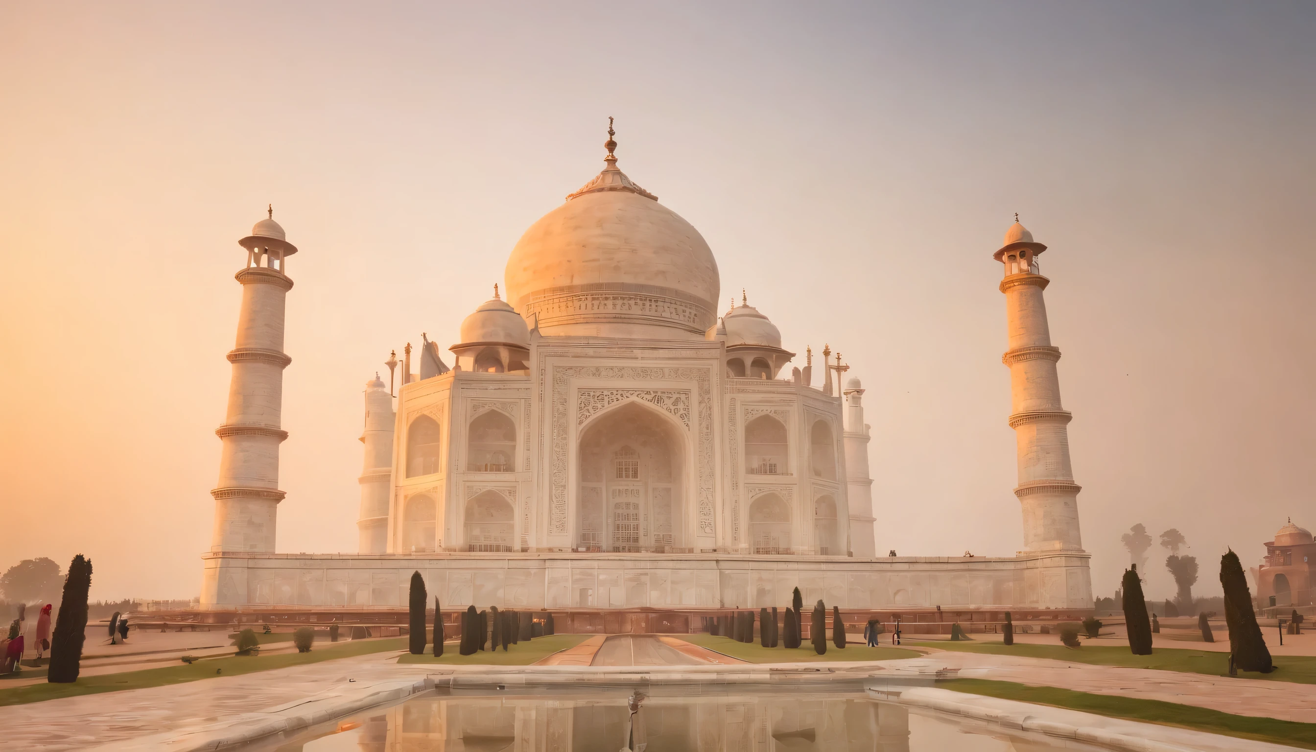 (Highly detailed CG Unity 8k wallpaper、masterpiece、highest quality、Super detailed)、(best lighting、best shadow、very delicate and beautiful)、highest quality、8k、Detailed facial depiction、masterpiece、highest quality、clear image quality、
Landscape of the Taj Mahal in India illuminated by the setting sun。