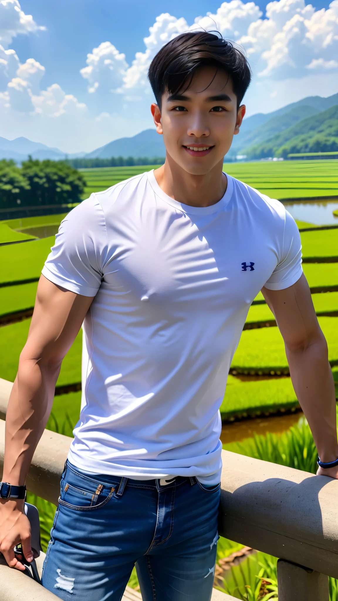 1 man, smile, (Wear a white round neck shirt., short sleeve shirt ยี่ห้อ under armor), Jeans, Korean guy , korean men, (Lifelike lighting), chest muscles, Big arm muscles, blood vessel, big muscles, Broad shoulders, looking at the audience, Balancing the eyeake eye contact), (rice paddies), (ทุ่งrice paddies) , sit in the shade