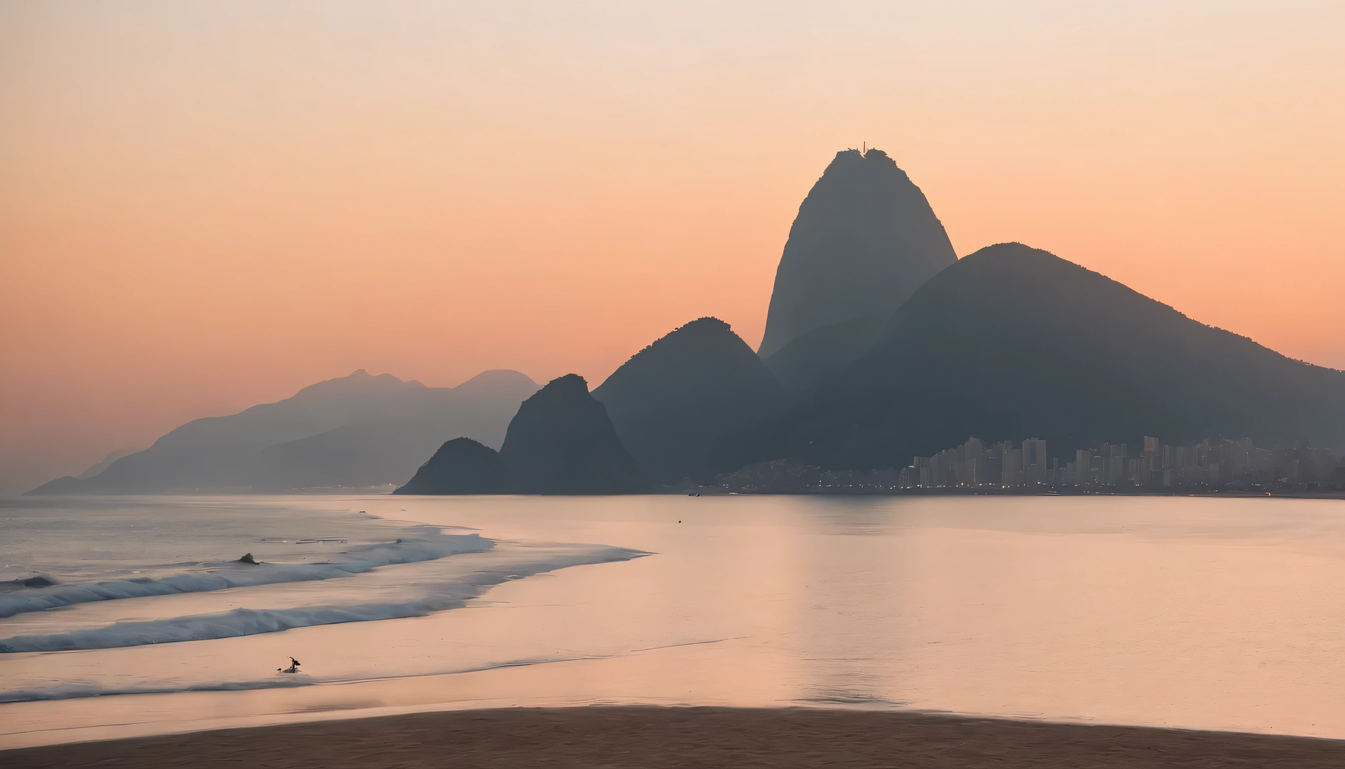 (Highly detailed CG Unity 8k wallpaper、masterpiece、highest quality、Super detailed)、(best lighting、best shadow、very delicate and beautiful)、highest quality、8k、Detailed facial depiction、masterpiece、highest quality、clear image quality、
Sunset scenery of Copacabana beach in Rio de Janeiro, Brazil。