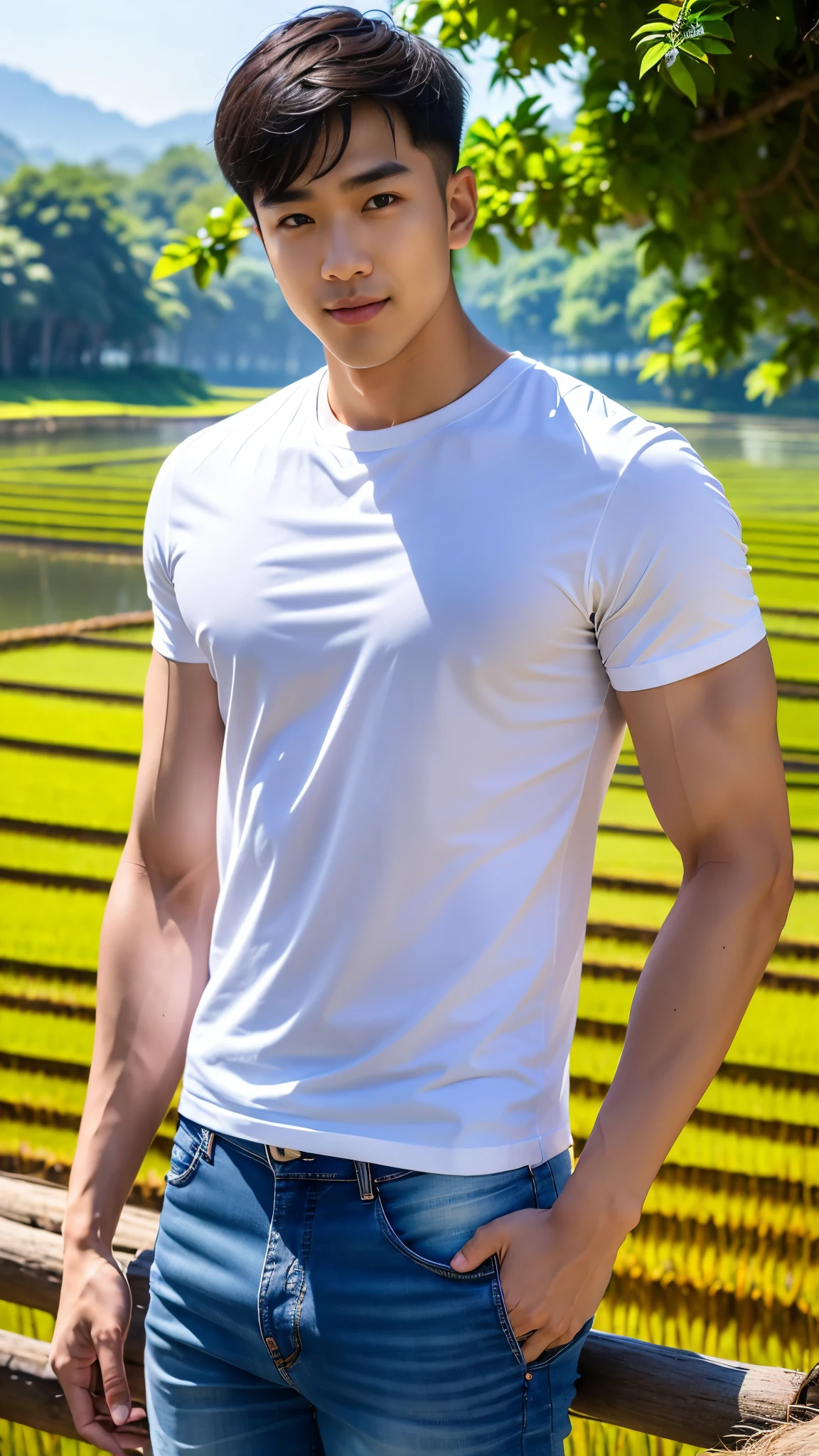 1 man, smile, (Wear a white round neck shirt., short sleeve shirt ยี่ห้อ under armor), Jeans, Korean guy , korean men, (Lifelike lighting), chest muscles, Big arm muscles, blood vessel, big muscles, Broad shoulders, looking at the audience, Balancing the eyeake eye contact), (rice paddies), (ทุ่งrice paddies) , sit in the shade 