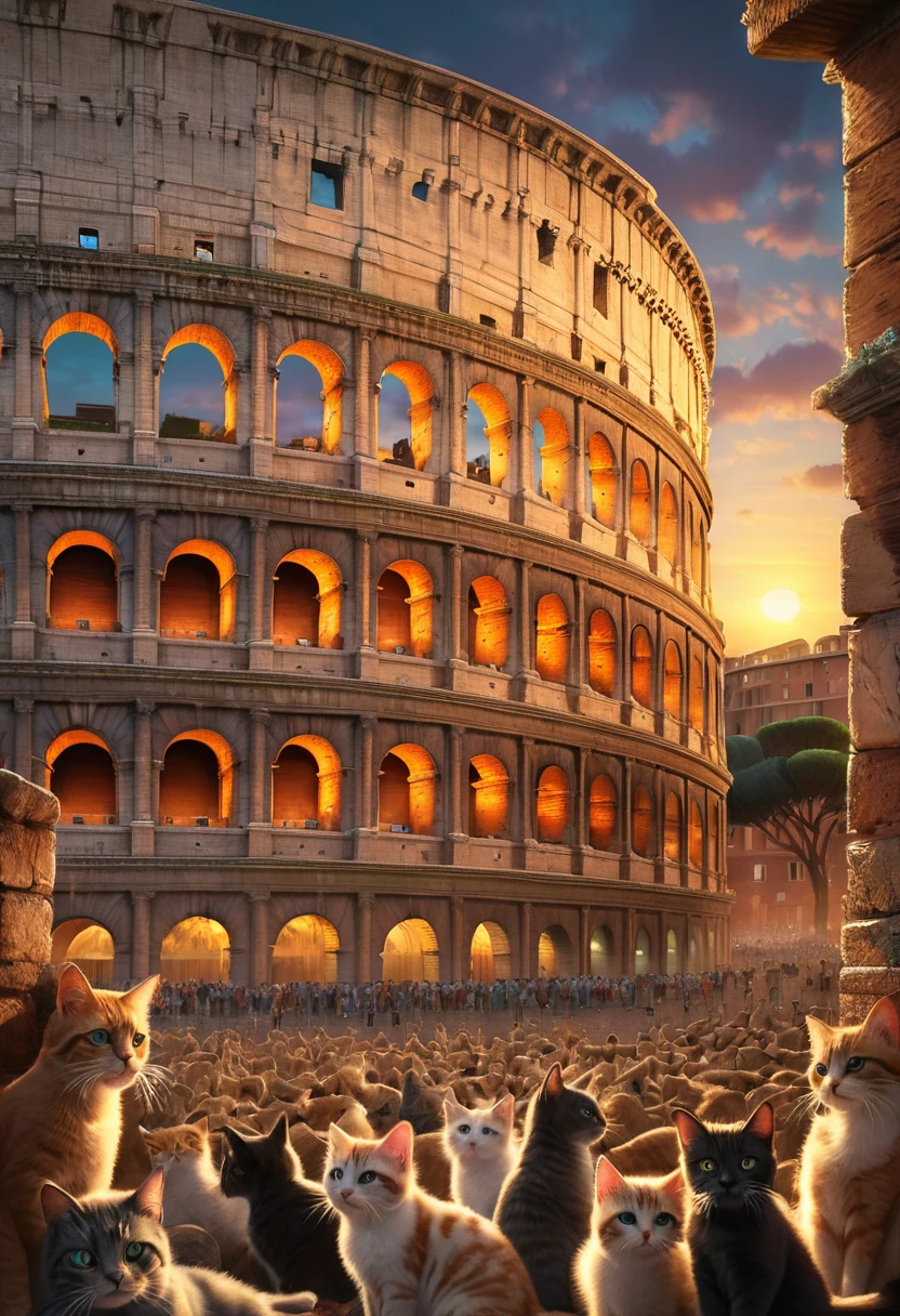 A masterpiece-quality, highly detailed rendering of the Colosseum in Rome, surrounded by thousands of cats. The cats, in various colors and sizes, add a playful and lively atmosphere to the scene The lighting is soft and warm, with a gentle glow highlighting the grandeur of the structure, good light