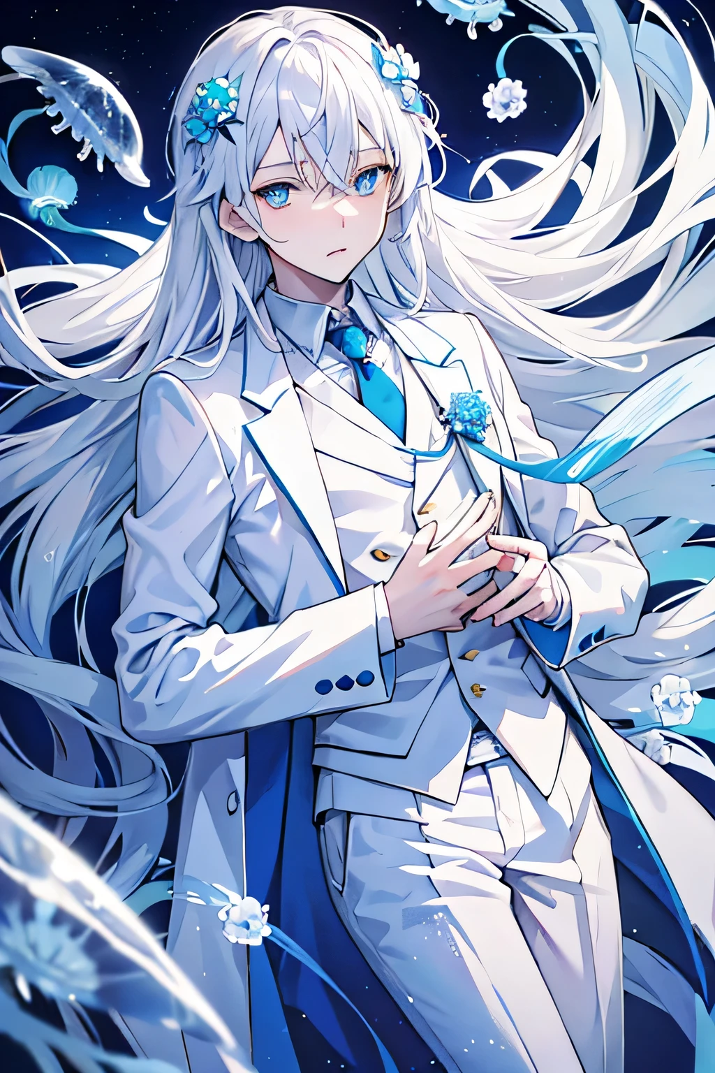 japanese cartoon movies, boy, blue eyes, flower shaped pupils, white hair with blue spots, semi long hair, jellyfish ornaments, white suit, Blue Tie