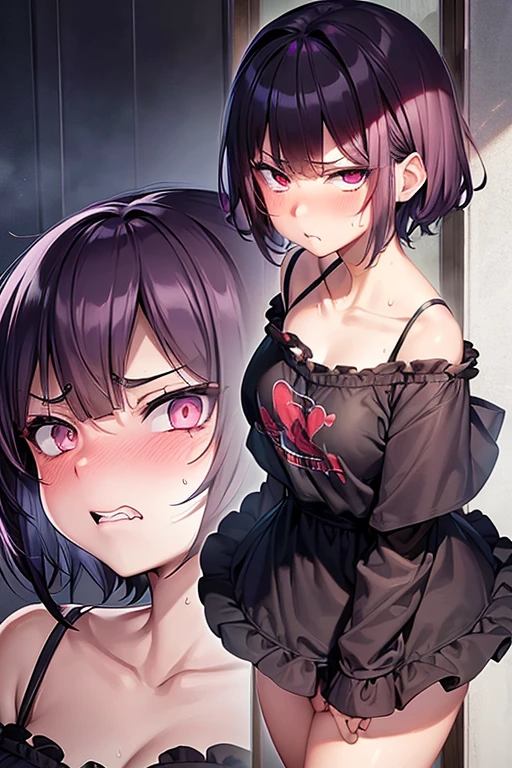 best qualtiy, hight resolution, ultra - detailed, hightquality, Teenage girl, 2D beautiful girl, The Girl'eyes full of love,tear drop, 黑The eye, Bedrooms, pouty, Flushed face, Shoulder, upper limbs, Hanging, 鎖骨, Large drops of sweat running down my chest, barechested,Wearing a collar around your neck, Teary-eyed, The nipple is visible, Crying face, all-fours,