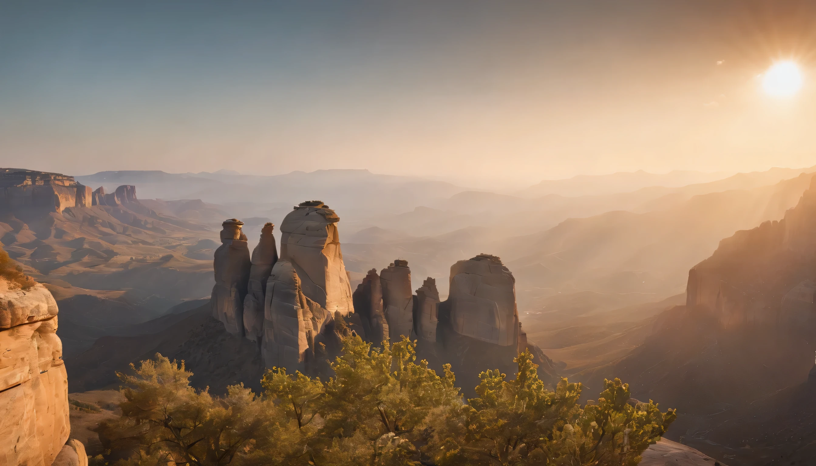 (Highly detailed CG Unity 8k wallpaper、masterpiece、highest quality、Super detailed)、(best lighting、best shadow、very delicate and beautiful)、highest quality、8k、Detailed facial depiction、masterpiece、highest quality、clear image quality、
Sunset scenery reflected on the rocky mountains of Meteora in Grease。