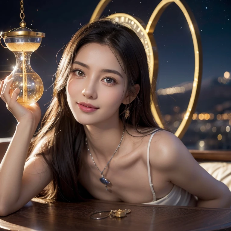 (((north african trade zone))), (((on the table))), (((8k))), (((high resolution))), (((Surrealism))), (((light))), divine light, Zoom layer, (((full-body shot))), F/4.0, Canon, skin shiny,Delicate skin,Detailed face, delicate eyes, beautiful womanhood, pretty face, beautiful eyes, flowing long hair, Star pattern on hair, radiant eyes, Decorated with clock gears and hourglass pattern, Robe imitating the infinity symbol, beautiful watch pendant, The smile is gentle and mysterious, enchanting, constellations covered by mountains, starry sky, mysterious aura, Contemporary decoration, peaceful atmosphere, ethereal beauty