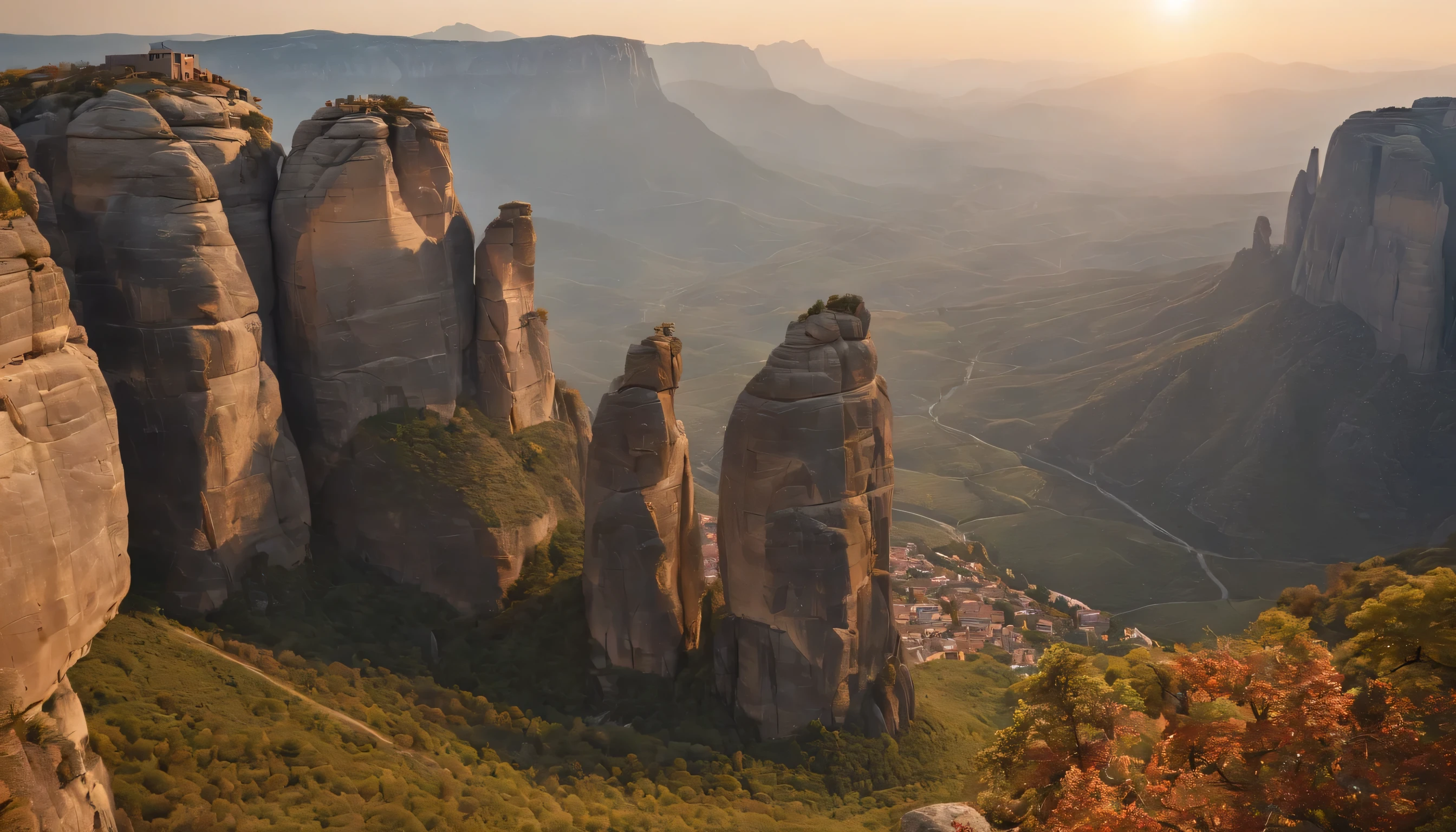 (Highly detailed CG Unity 8k wallpaper、masterpiece、highest quality、Super detailed)、(best lighting、best shadow、very delicate and beautiful)、highest quality、8k、Detailed facial depiction、masterpiece、highest quality、clear image quality、
Sunset scenery reflected on the rocky mountains of Meteora in Grease。