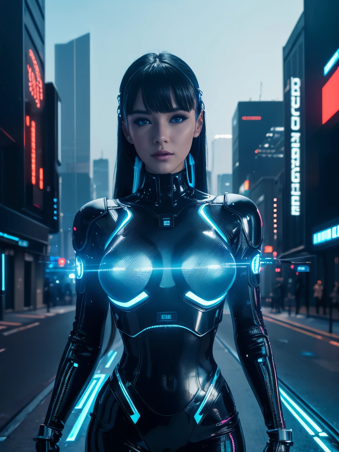 (Best quality,highres:1.2), ultra-detailed, (realistic:1.3), cyberpunk, futuristic, portrait, shiny revealing latex outfit, cyber implants, virtual reality, glowing makeup, metallic body parts, body modification, techno atmosphere, cityscape background, hovering robotic arms, advanced technology, electric blue color palette, surreal lighting.