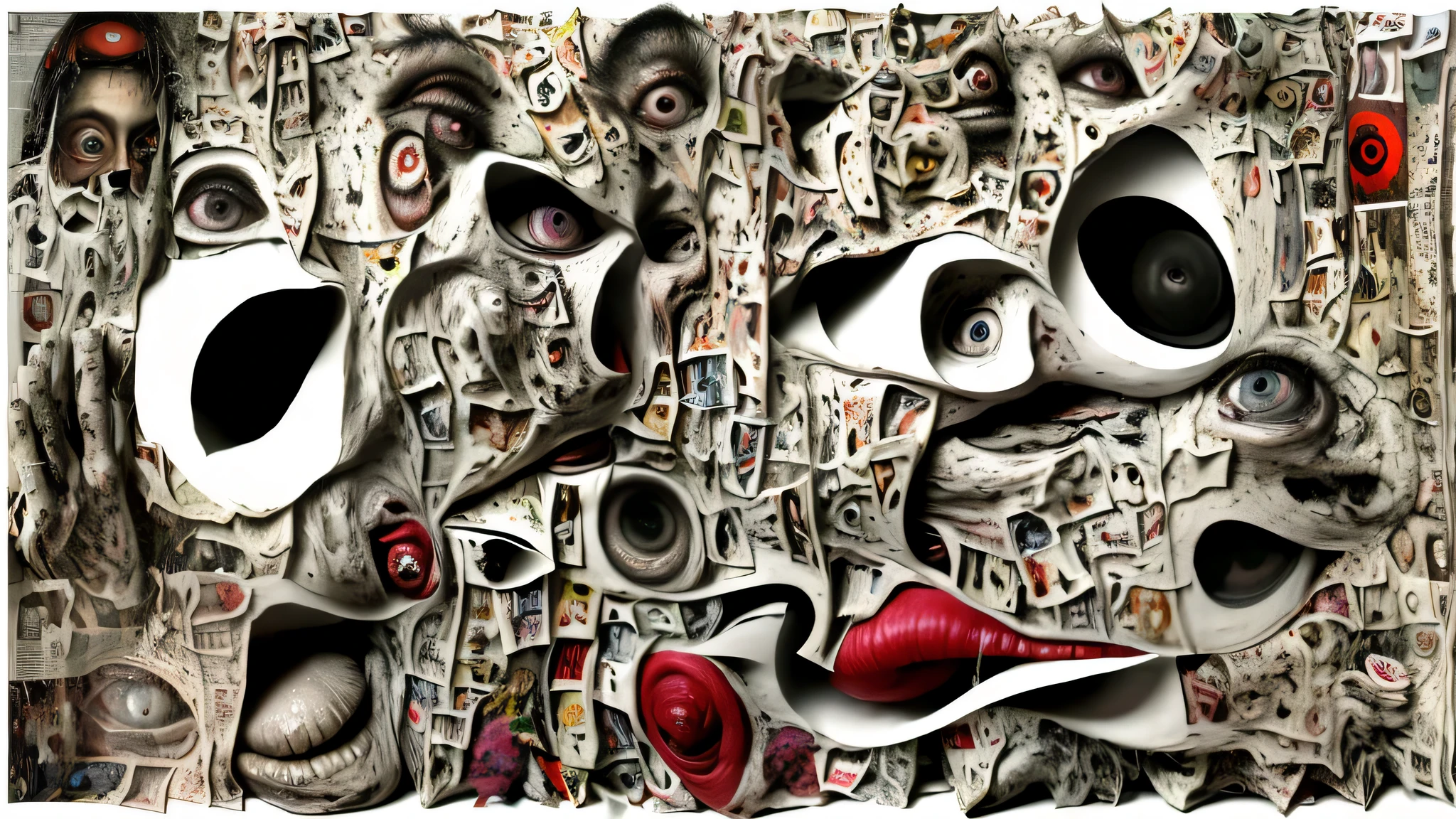 ultra surreal grotesque collage of suffering abstract bizarre bodies deformed and growing from each other to infinity on a white plane full of pieces of torn newspaper and magazine clippings, Da Da style, Super-detailed, Ultra-realistic, Studio Quality, 48k / HD, High Contrast, hyper Realistic Shadows, octane Rendering, Sharp Focus