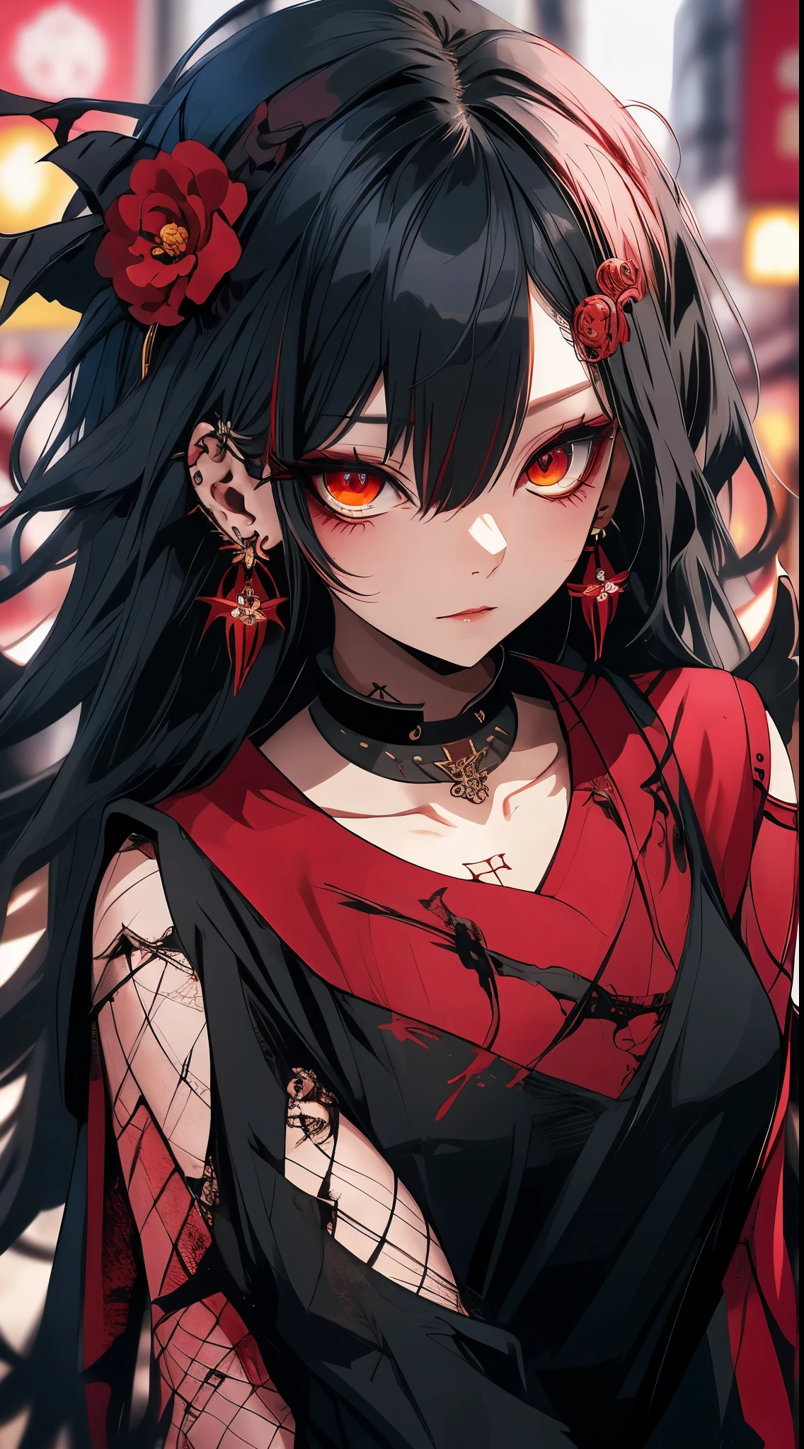 dark red and yellow hair, hair ornament, slender body, Hanfu, ruby earrings, beautiful face, beautiful red eye, flower-shaped pupils, best quality, Cute face, Red eyes, dragon girl.