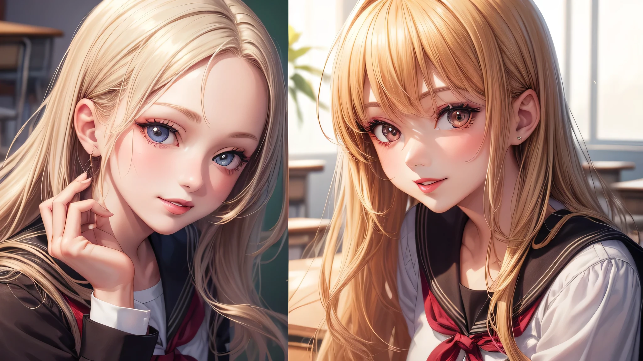 (2 girls:1.2), incredibly beautiful face, compensate, lipstick, enchanting smile, blonde, (school uniform, mini skirt:1.2), (highest quality: 1.4), (Super detailed), (highest quality:1.4), (super detailed), evening, (anime illustration), very high resolution, (Upper body), close up face, (School, classroom), School anime, anime illustration,