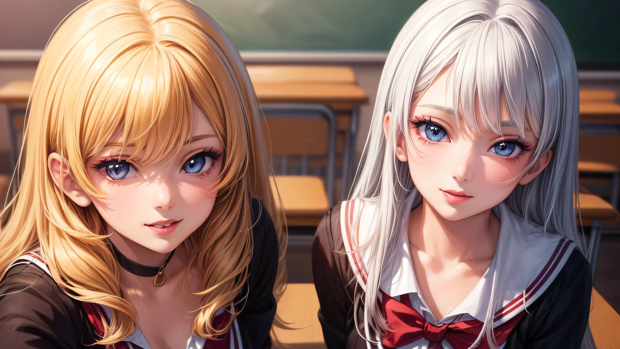 (2 girls:1.2), incredibly beautiful face, compensate, lipstick, enchanting smile, blonde, (school uniform, mini skirt:1.2), (highest quality: 1.4), (Super detailed), (highest quality:1.4), (super detailed), evening, (anime illustration), very high resolution, (Upper body), close up face, (School, classroom), School anime,  anime illustration,