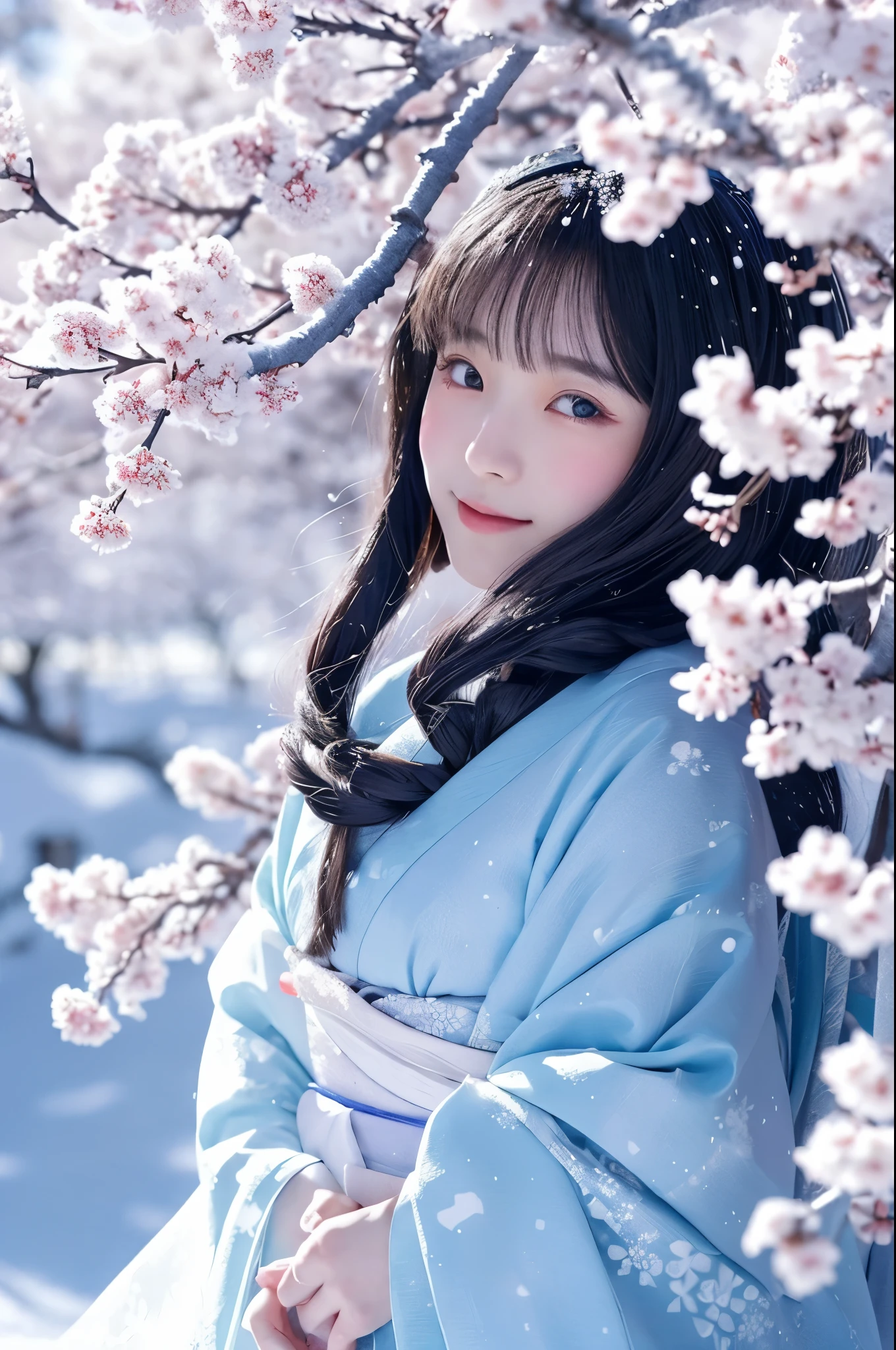 Illustration of a fantastic and enchanting snow woman, Characters from Japanese folk tales, Set against the backdrop of a row of cherry blossom trees swirling with a cherry blossom blizzard. she has been for a long time, Shining silver hair waving in the cherry blossom environment, make up for her paleness, Almost translucent skin. Her eyes are deep and seductive, reflecting the cold beauty of her surroundings. She is wearing a traditional Japanese kimono with subtle blue patterns on a white background.。, Melt into the snowy landscape. The Yuki Onna pose is elegant and mysterious., Embodying the thrilling charm of the snow spirit. The overall atmosphere of the illustration is mysterious and beautiful., Capture the essence of this legendary figure in the middle of a snowstorm