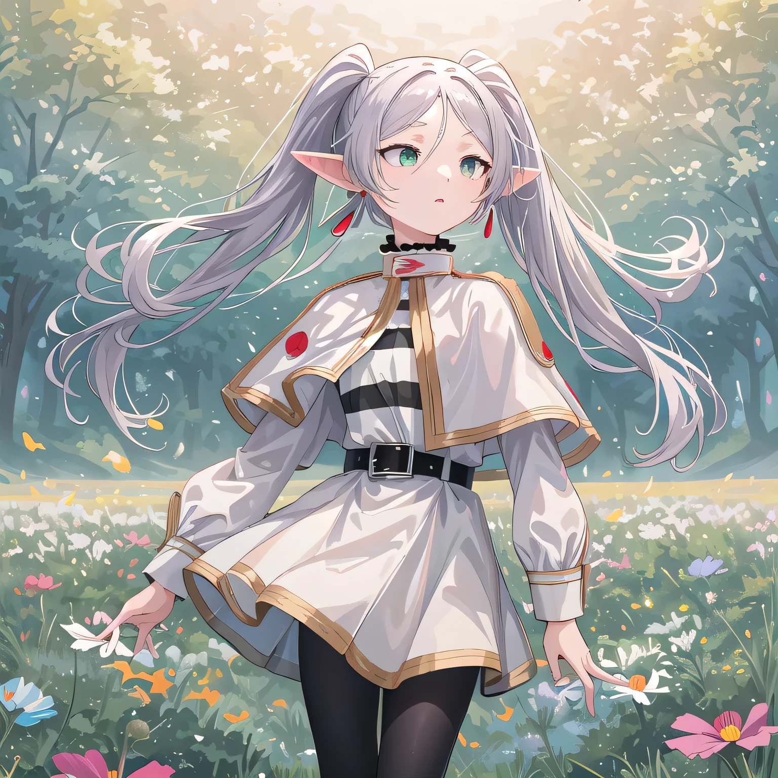 masterpiece, highest quality, disorganized, perfect anatomy, freeze base, twin tails, earrings, white capelet, striped shirt, white skirt, long sleeve, belt, black pantyhose, 

Freelen standing on a stick holding a stick, (In a cosmos field in full bloom),