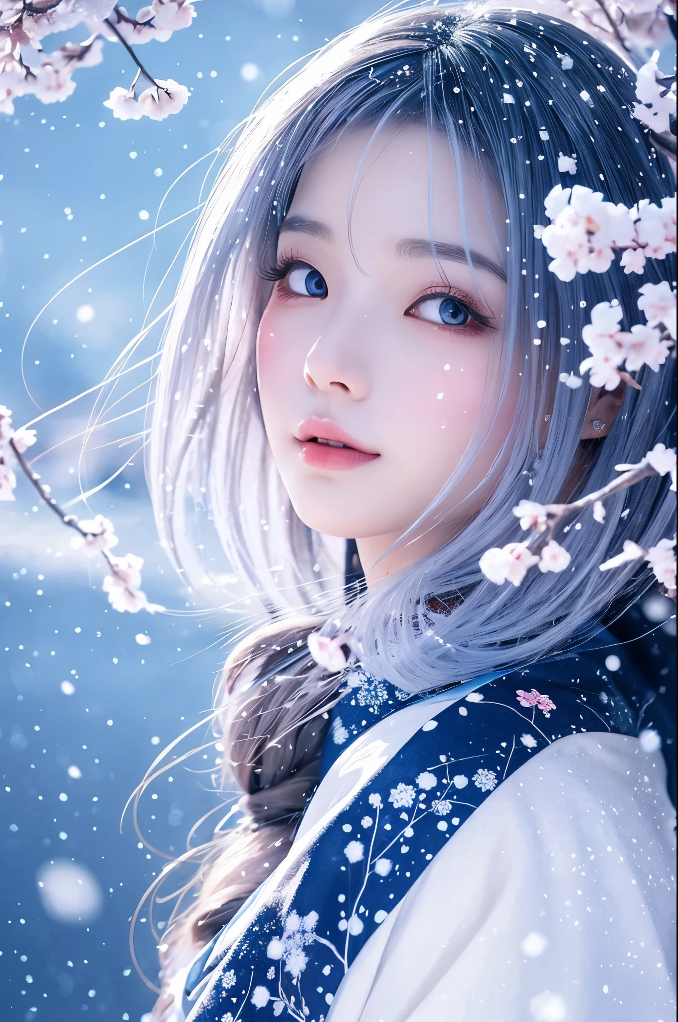 Illustration of a fantastic and enchanting snow woman, Characters from Japanese folk tales, Set against the backdrop of a row of cherry blossom trees swirling with a cherry blossom blizzard. she has been for a long time, Shining silver hair waving in the cherry blossom environment, make up for her paleness, Almost translucent skin. Her eyes are deep and seductive, reflecting the cold beauty of her surroundings. She is wearing a traditional Japanese kimono with subtle blue patterns on a white background.。, Melt into the snowy landscape. The Yuki Onna pose is elegant and mysterious., Embodying the thrilling charm of the snow spirit. The overall atmosphere of the illustration is mysterious and beautiful., Capture the essence of this legendary figure in the middle of a snowstorm