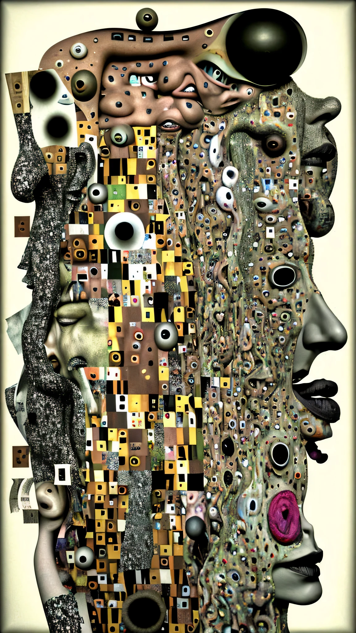 ultra surreal grotesque collage of suffering abstract bizarre bodies deformed and growing from each other to infinity on a white plane full of pieces of torn newspaper and magazine clippings, Klimt style, Super-detailed, Ultra-realistic, Studio Quality, 48k / HD, High Contrast, hyper Realistic Shadows, octane Rendering, Sharp Focus