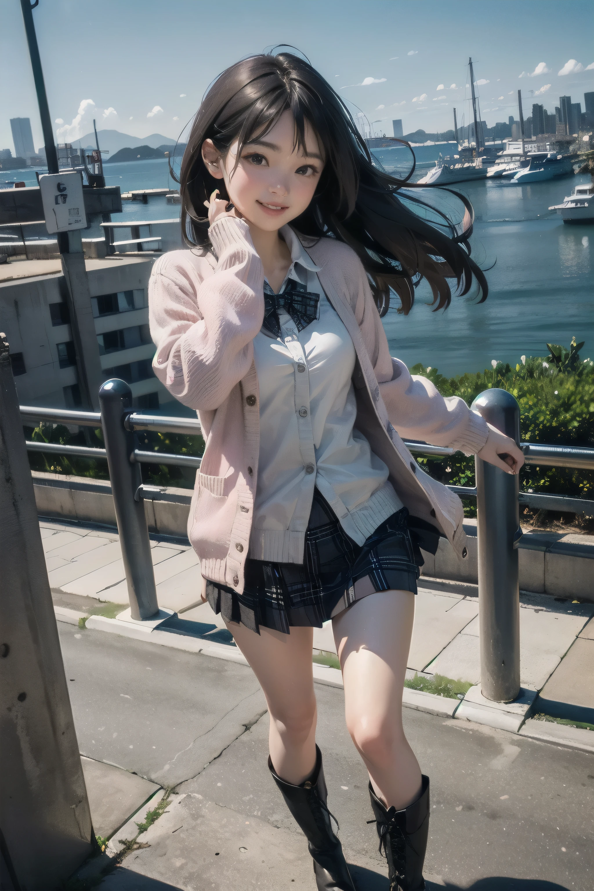 very cute and beautiful girl,teen,(very detailed美しい顔と目:1.2),(white blouse),(smile:1.2),Happy,Hilarious,
cowboy shot,(red cardigan:1.2),long sleeve BREAK zettai ryouiki,(Plaid brown mini skirt:1.3),
dynamic pose,dynamic angle,black hair,(black boots:1.3),
(Yokohama:1.2),(port,port町,Urban landscape overview:1.2),detailed landscape,Are standing,stylish pose,
(highest quality,masterpiece:1.2),(intricate details),High resolution,very detailed,Super detailed,
alone,Natural light,hair blowing in the wind,beautiful and detailed sky,