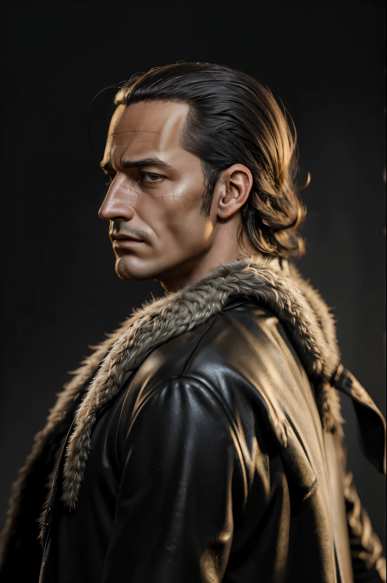 masterpiece, best quality, extremely detailed, hyperrealistic, photorealistic, a cool 40s man, ultra detailed face:1.2, fur-trimmed coat, scarf around the neck, his left hand is a golden pirate hook:1.1, dynamic angle:1.1, white background, serene, from side