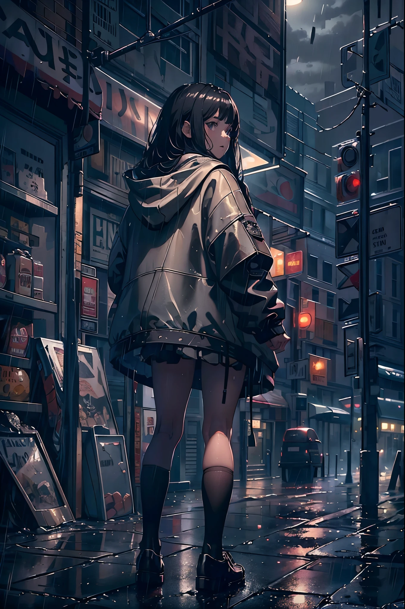 8K,tmasterpiece,Best quality,hyper-detailing,realistically,Extremely detailed face,movie lighting,ray traycing,unlit hair,
On cloudy streets,Corner store,foggy and heavy rain,A black man with long hair and black eyes,girl standing in the middle of the road,She was wearing a black convertible hooded jacket,White color blouse,Short black skirt and black garter belt,student shoes,Clothes soaked by rain,depth of fieldtent ),Cinema lens lighting,