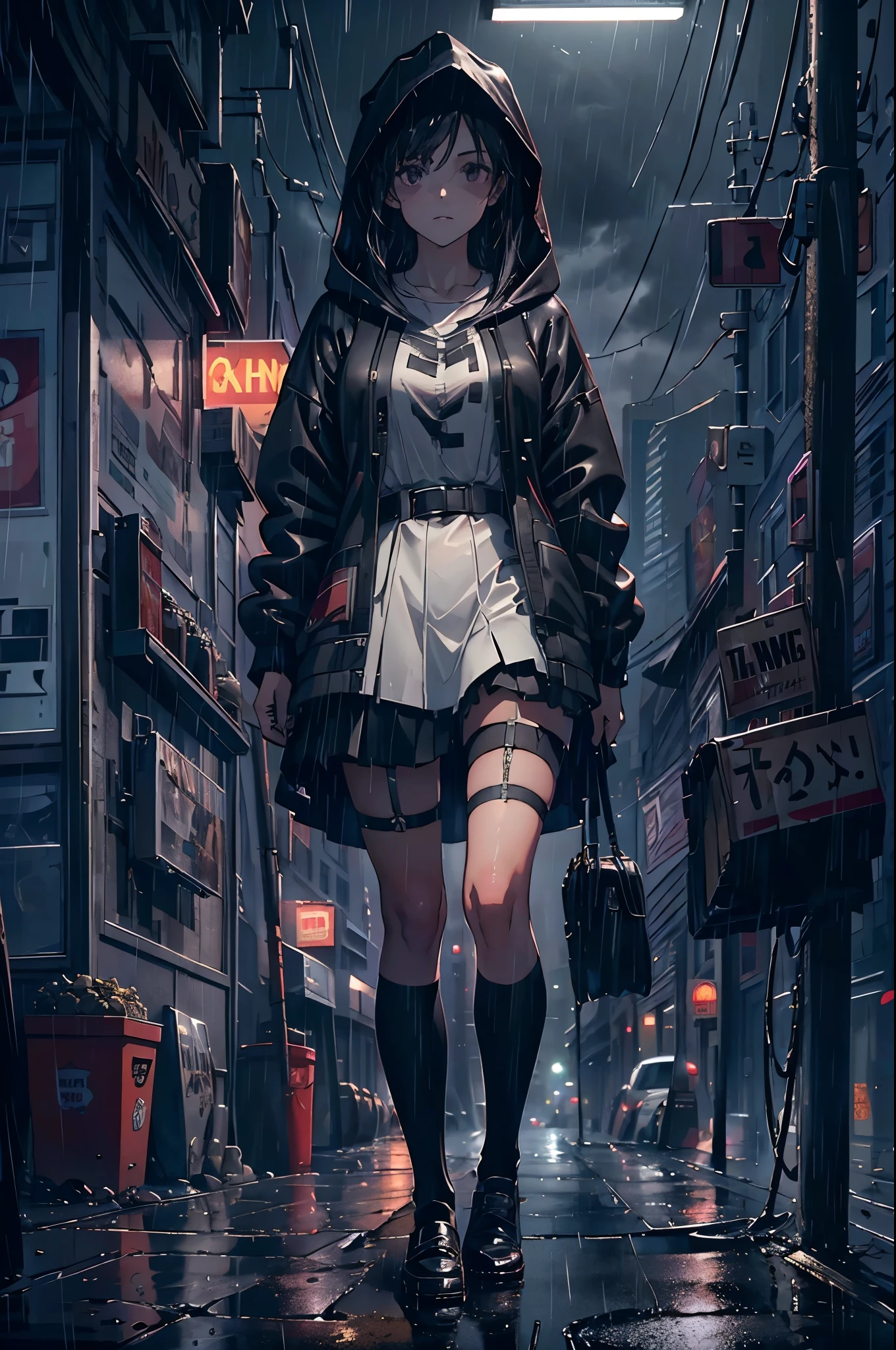 8K，tmasterpiece，Best quality，hyper-detailing，realistically，Extremely detailed face，movie lighting，ray traycing，unlit hair，
On cloudy streets，Corner store，foggy and heavy rain，A black man with long hair and black eyes，girl standing in the middle of the road，She was wearing a black convertible hooded jacket，White color blouse，Short black skirt and black garter belt，student shoes，Clothes soaked by rain，depth of fieldtent ），Cinema lens lighting，