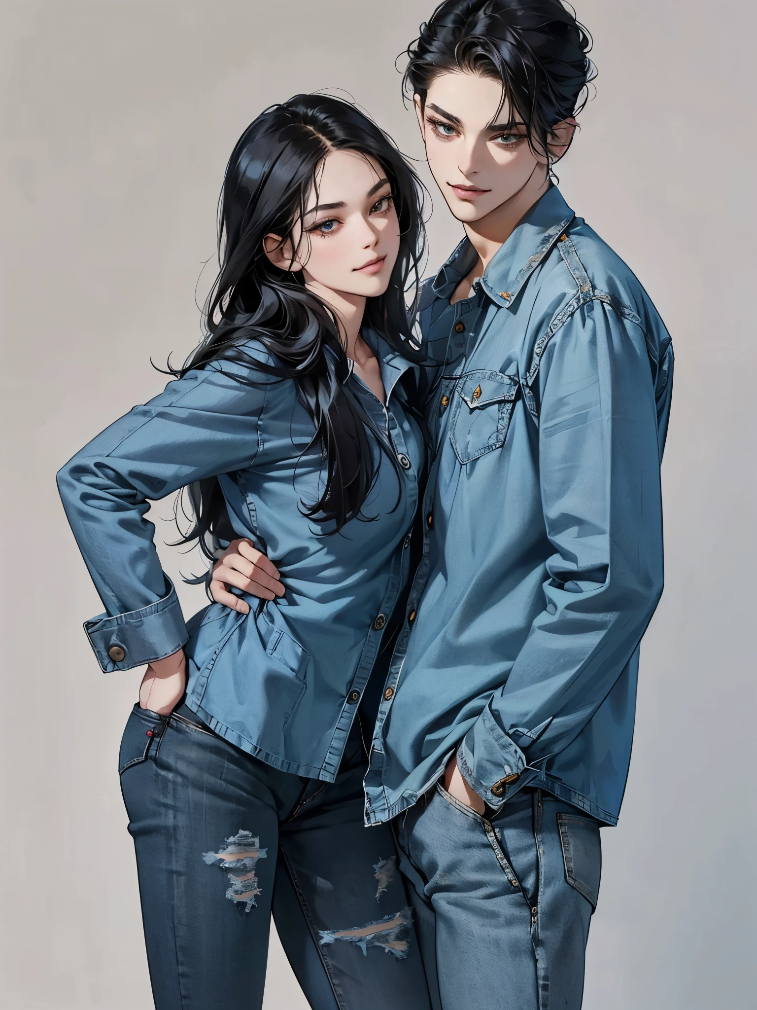 (table top, digital art, digital illustration, 4K, 8K, super detailed, beautiful images, clear image, realistic, RAW photo, perfect face, perfect lines, perfect eyes, soft lighting) ,1 female, (long black hair,parted bangs、bullish look,beautiful woman,closed mouth,smirk,Mature,(slender,),23 year old female,:1.3),Denim shirt