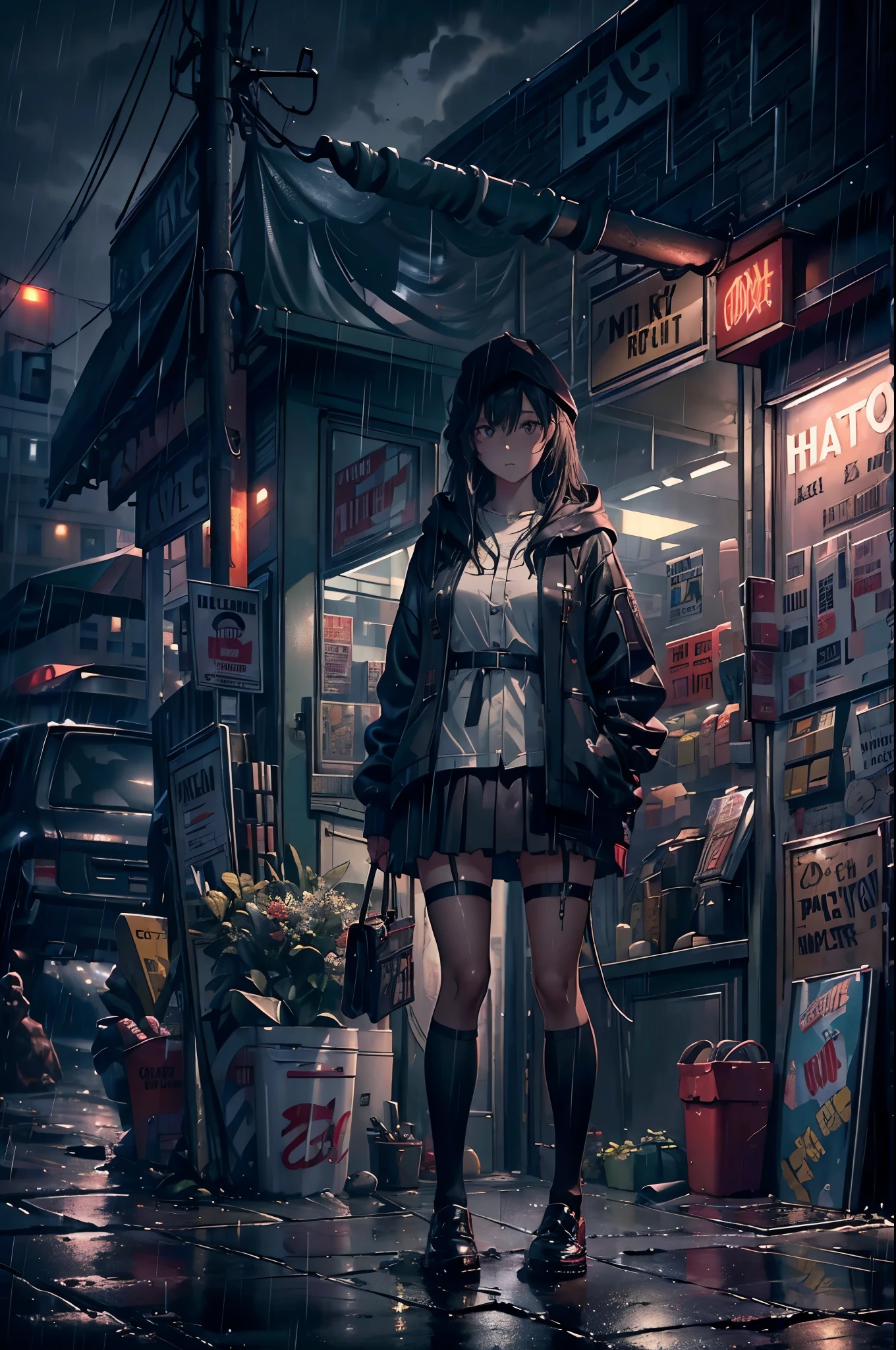 8K,tmasterpiece,Best quality,hyper-detailing,realistically,Extremely detailed face,movie lighting,ray traycing,unlit hair,
On cloudy streets,Corner store,foggy and heavy rain,A black man with long hair and black eyes,girl standing in the middle of the road,She was wearing a black convertible hooded jacket,White color blouse,Short black skirt and black garter belt,student shoes,Clothes soaked by rain,depth of fieldtent ),Cinema lens lighting,