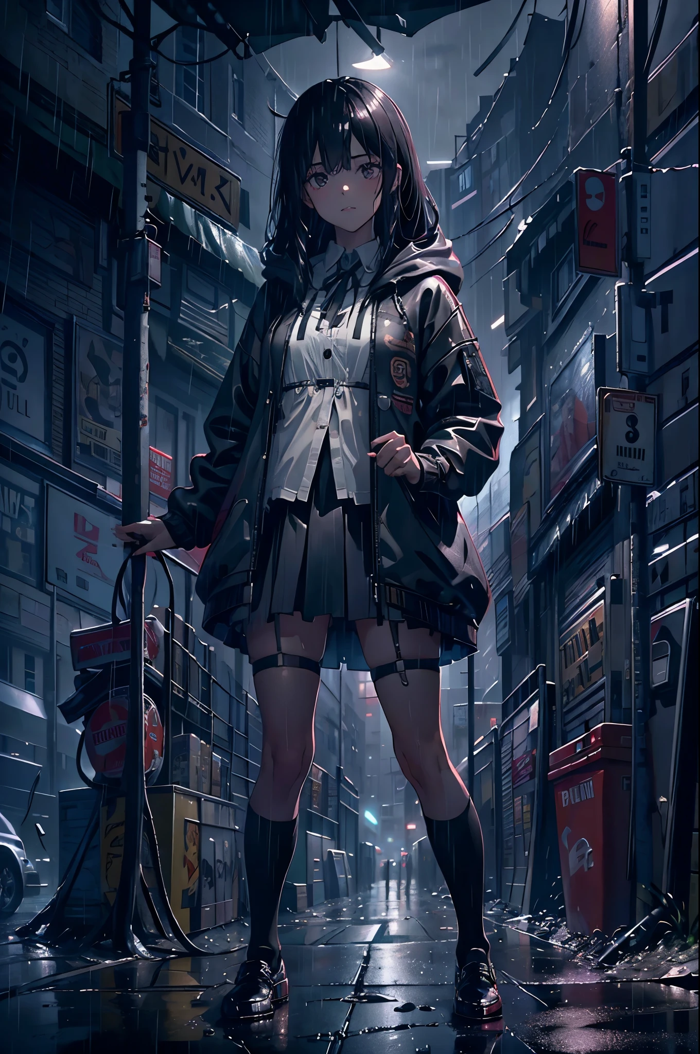 8K,tmasterpiece,Best quality,hyper-detailing,realistically,Extremely detailed face,movie lighting,ray traycing,unlit hair,
On cloudy streets,Corner store,foggy and heavy rain,A black man with long hair and black eyes,girl standing in the middle of the road,She was wearing a black convertible hooded jacket,White color blouse,Short black skirt and black garter belt,student shoes,Clothes soaked by rain,depth of fieldtent ),Cinema lens lighting,