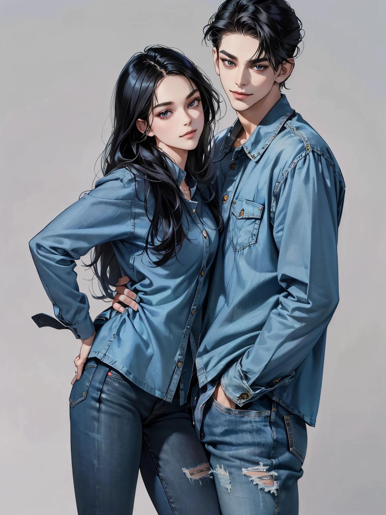 (table top, digital art, digital illustration, 4K, 8K, super detailed, beautiful images, clear image, realistic, RAW photo, perfect face, perfect lines, perfect eyes, soft lighting) ,1 female, (long black hair,parted bangs、bullish look,beautiful woman,closed mouth,smirk,Mature,(slender,),23 year old female,:1.3),Denim shirt