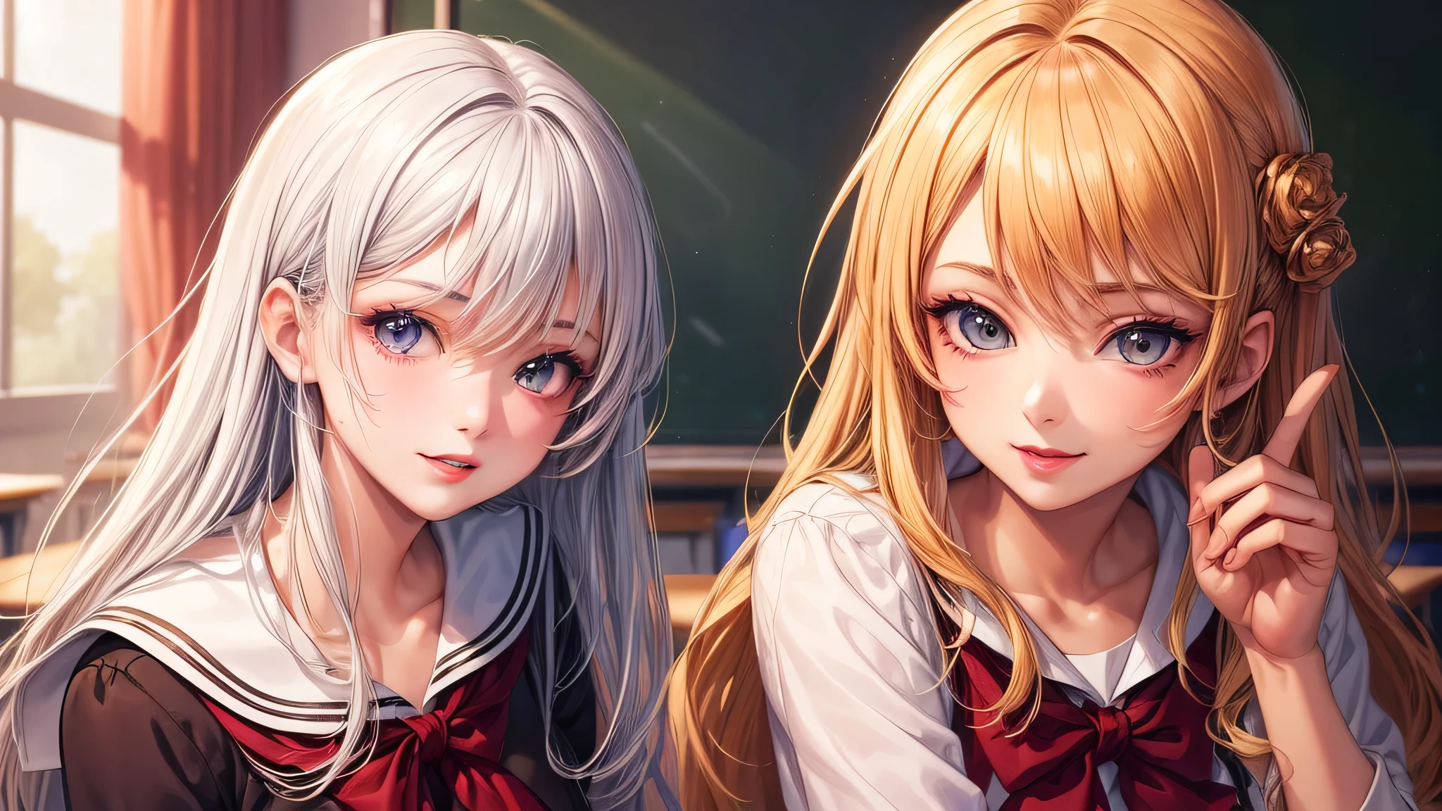 (2 girls:1.2), incredibly beautiful face, compensate, lipstick, enchanting smile, blonde, (school uniform, mini skirt:1.2), (highest quality: 1.4), (Super detailed), (highest quality:1.4), (super detailed), evening, (anime illustration), very high resolution, (Upper body), close up face, (School, classroom), School anime,  anime illustration,