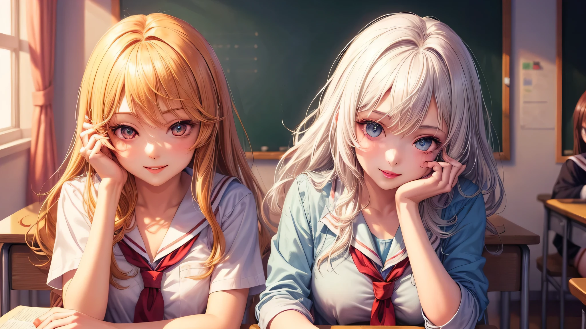 (2 girls:1.2), incredibly beautiful face, compensate, lipstick, enchanting smile, blonde, (school uniform, mini skirt:1.2), (highest quality: 1.4), (Super detailed), (highest quality:1.4), (super detailed), evening, (anime illustration), very high resolution, (Upper body), close up face, (School, classroom), School anime,  anime illustration,