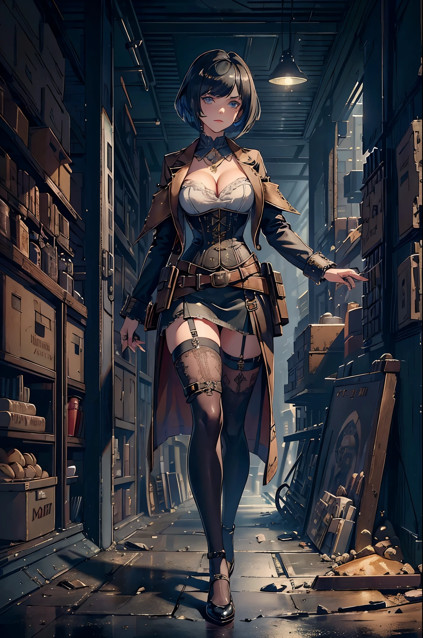 Visualize a character inspired by young and sexy Black Widow, reimagined in a richly detailed Victorian-steampunk world. This version of the character eschews her traditional outfit for a blend of Victorian elegance and steampunk functionality. She dons a sophisticated ensemble featuring a high-necked, tailored jacket adorned with brass buttons and gear motifs, and a corset that showcases Victorian fashion while incorporating steampunk elements like visible cogs and tubes. Her skirt is both stylish and practical, equipped with secret pockets for spy gadgets. Accessories complete her look: a pair of leather aviator goggles pushed up onto her forehead, intricate lace gloves, and a utility belt loaded with steampunk-inspired devices and a discreet, yet powerful, steam-powered sidearm. Her hair is elegantly styled in a period-appropriate updo, with a few deliberately loose strands that add a touch of mystery. The backdrop is an imaginative Victorian-steampunk city, alive with the hustle and bustle of the era: airships dot the sky above, steam-powered vehicles navigate the cobblestone streets, and the architecture is a fantastical blend of historical and industrial revolution influences. This setting not only highlights her as a figure of beauty and elegance but also as a formidable and cunning presence, ready to undertake her next covert mission in a world where advanced technology and Victorian aesthetics collide jewerly,necklace,earings,8k,hdr,( bob haircut:1.5), Skin Details, perfect fit body,smoky makeup, highly detailed, mole on cheek, blue eyes, visible legs,visible shoes ( :0.7)