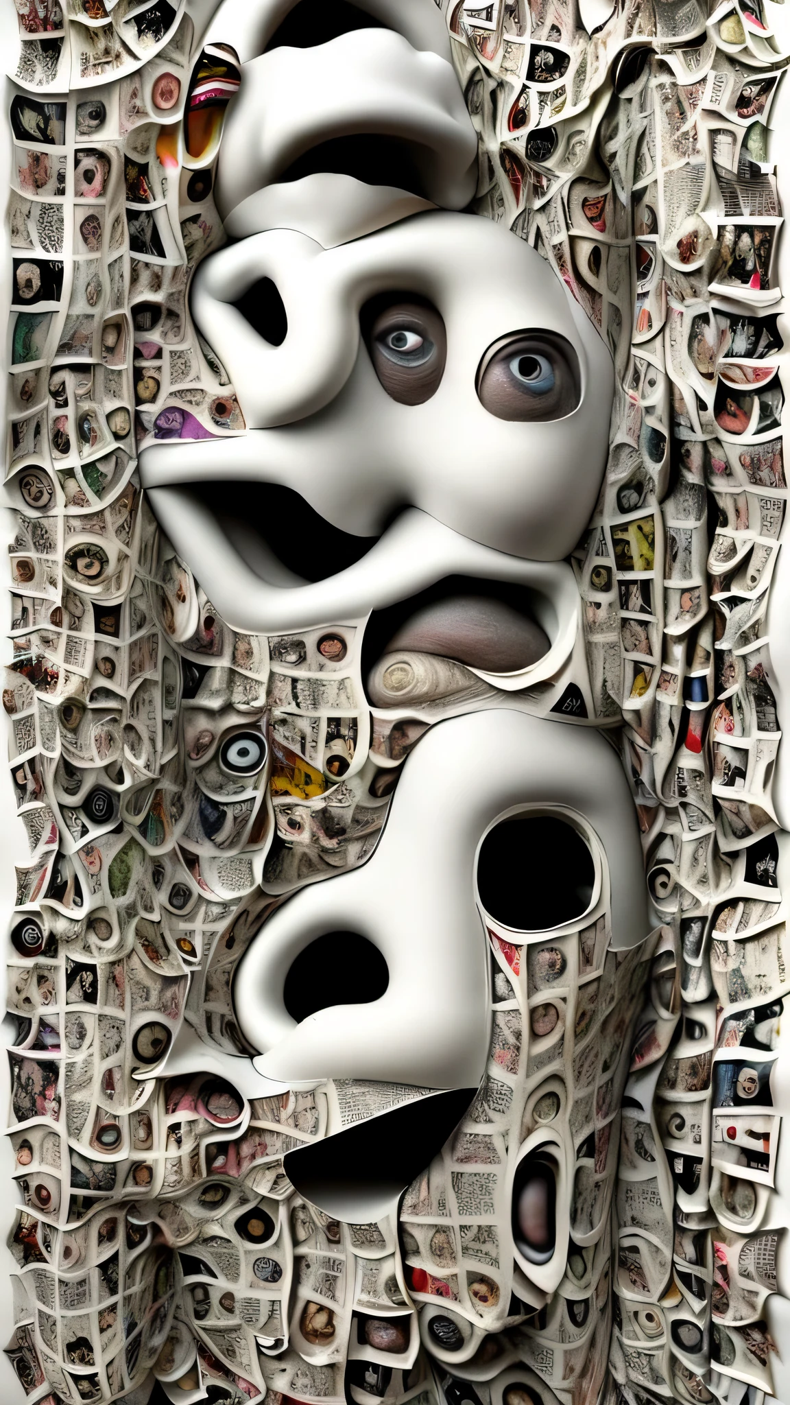 ultra surreal hyper-realistic grotesque collage of suffering abstract bizarre bodies deformed and growing from each other to infinity on a white plane full of pieces of torn newspaper and magazine clippings, Da Da style, Super-detailed, Ultra-realistic, Studio Quality, 48k / HD, High Contrast, hyper Realistic Shadows, octane Rendering, Sharp Focus