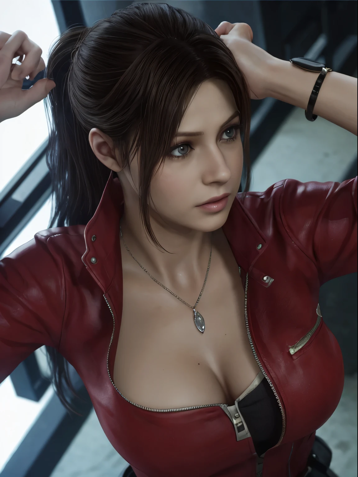 Claire Redfield, {{master part, best quality, CG extremamente detalhado, Unity 8k papel de parede, Cinematic lighting}},  1girl, Mulher nova, corpo inteiro, dia ensolarado, belos olhos detalhados, (seios grandes, clivagem), Bunda redonda, looking up at the audience, long eyelashes