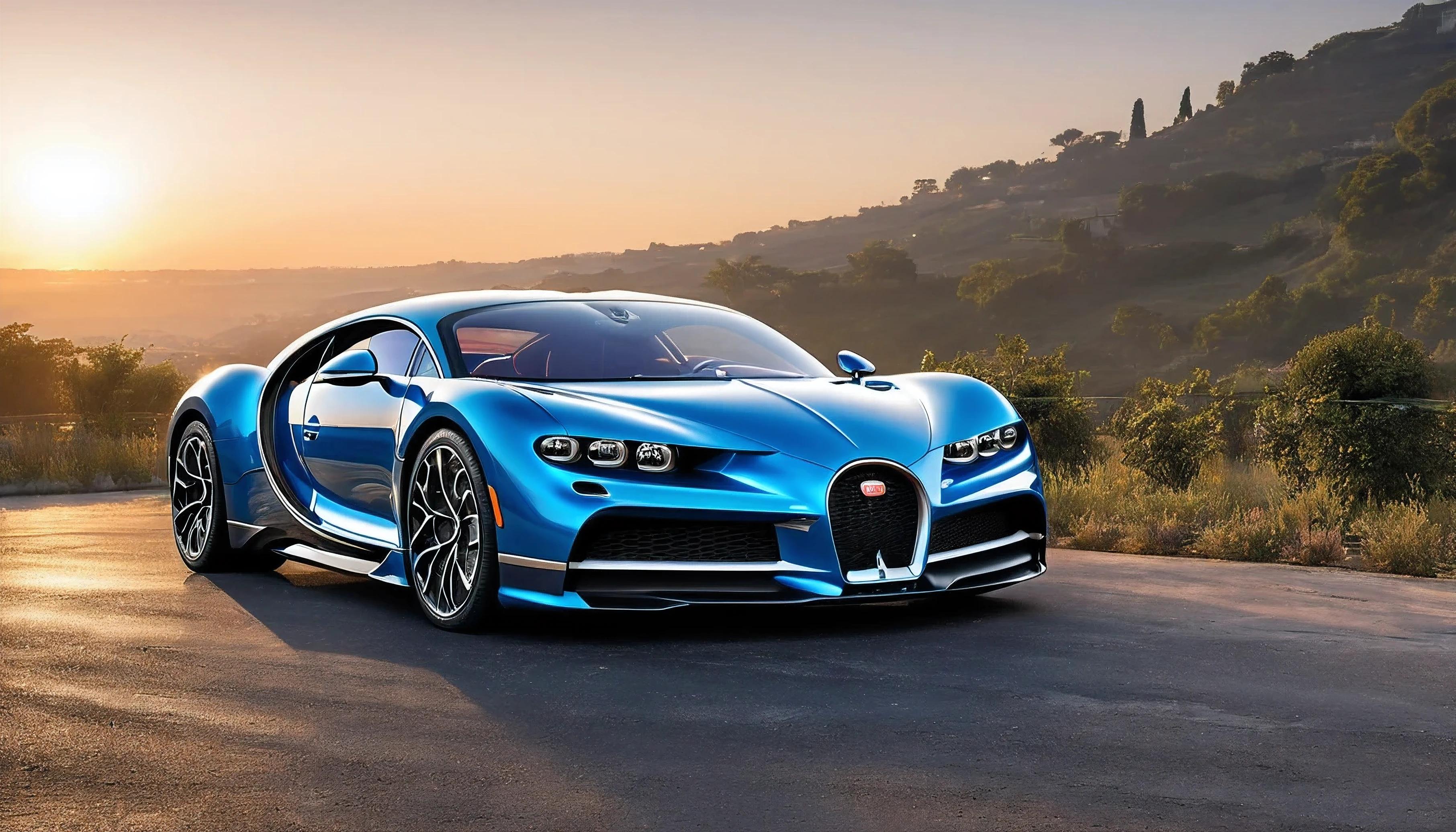 A Buggati Chiron is showcased in a high-quality artwork masterpiece, with ultra-detailed features and a realistic rendering. The car is portrayed in its metallic glory, capturing its sleek form and intricate design. The lighting accentuates the curves and lines, creating beautiful reflections on the car's surface. The background showcases a scenic landscape and a picturesque sunset, providing a stunning backdrop for the car. The colors are vibrant and vivid, adding to the overall appeal of the artwork. The attention to detail is exceptional, highlighting the unique features of the Buggati Chiron, such as the slick headlights, elegant grille, and aerodynamic body. This artwork is perfect for car enthusiasts and showcases the beauty and power of the Buggati Chiron.
