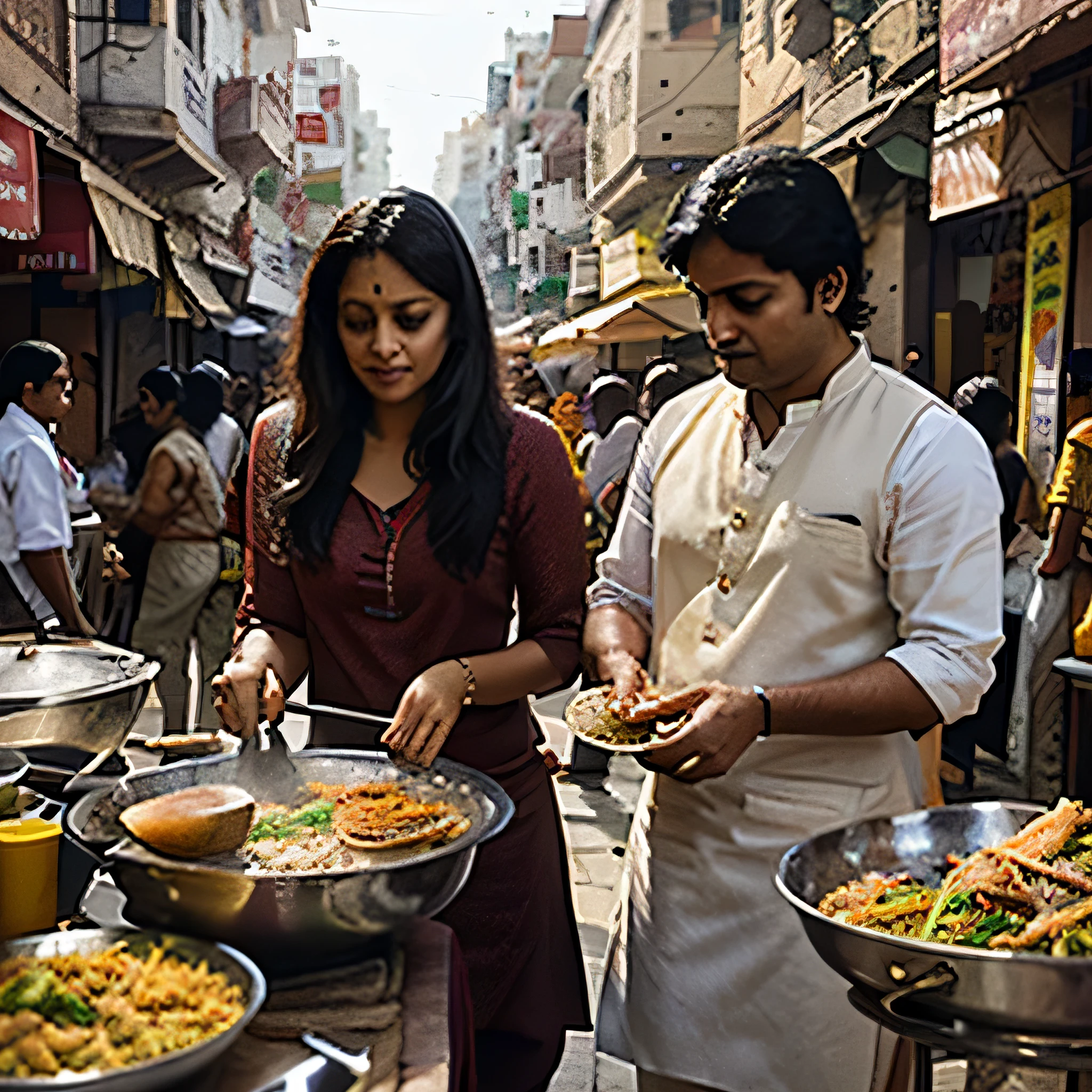 Prompt: Design a captivating visual representation of Chapter 6 in Part 1, highlighting Raj and Meera's exploration of Varanasi's culinary delights. Depict them navigating through bustling street markets filled with colorful stalls offering a variety of local delicacies. Showcase the sizzling street food being cooked on makeshift grills and the enticing aromas wafting through the air. Include Raj and Meera sampling different dishes, their expressions reflecting delight and excitement as they experience the diverse flavors of Varanasi's cuisine. Incorporate the vibrant atmosphere of the market, with vibrant spices, colorful ingredients, and bustling crowds adding depth to the scene. Let the illustration evoke the sensory richness and culinary adventure of Raj and Meera's journey through Varanasi's food scene.