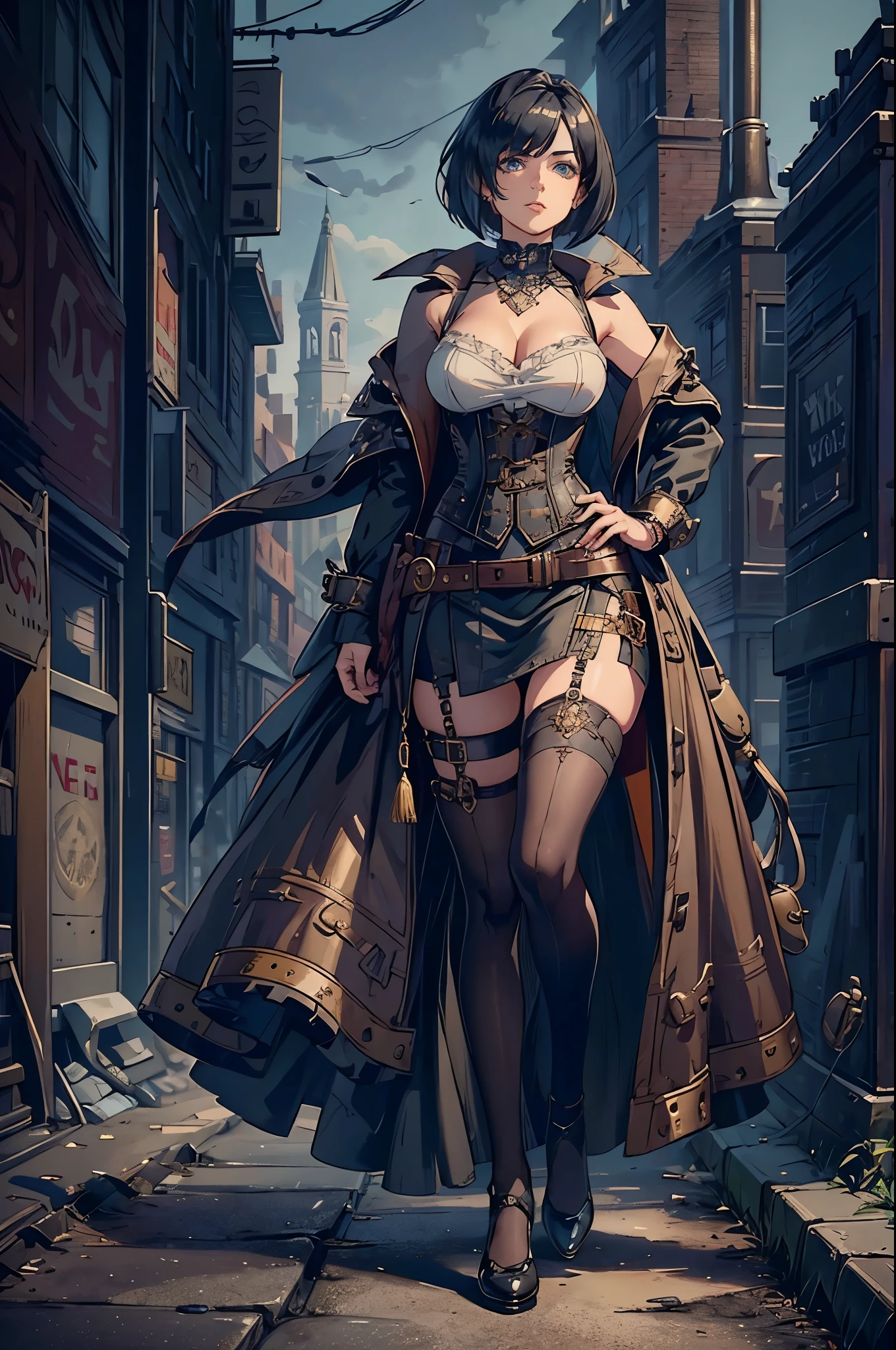 ((Need, 8K, tmasterpiece:1.3)),（realisticlying：1.4），RAW photogr，figure portrait，Very wide lens，closeup cleavage，（True skin texture：1.3），（filmgrain：1.3） Focalors:1.2, perfect figure beautiful woman:1.4, ((Long dark black bright hair, green eyes, navel, huge tit:1.2 )), ((White crop top:1.2）(short black leather jacket, black steampunk trausers:1.4) , ((kneel:1.2)), ((open steampunk street day scene, )), Highly detailed facial and skin texture, detailed