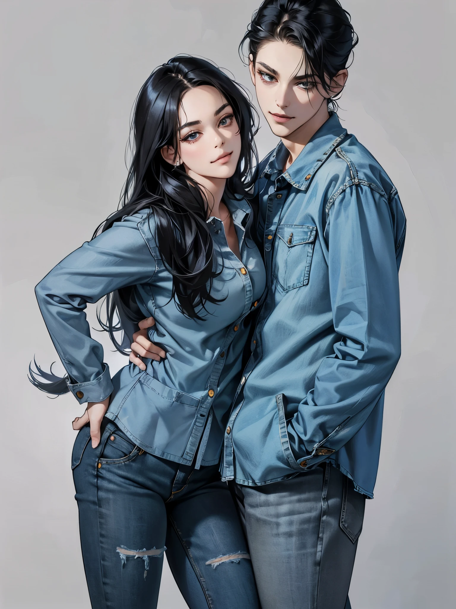 (table top, digital art, digital illustration, 4K, 8K, super detailed, beautiful images, clear image, realistic, RAW photo, perfect face, perfect lines, perfect eyes, soft lighting) ,1 female, (long black hair,parted bangs、bullish look,beautiful woman,closed mouth,smirk,Mature,(slender,),23 year old female,:1.3),Denim shirt