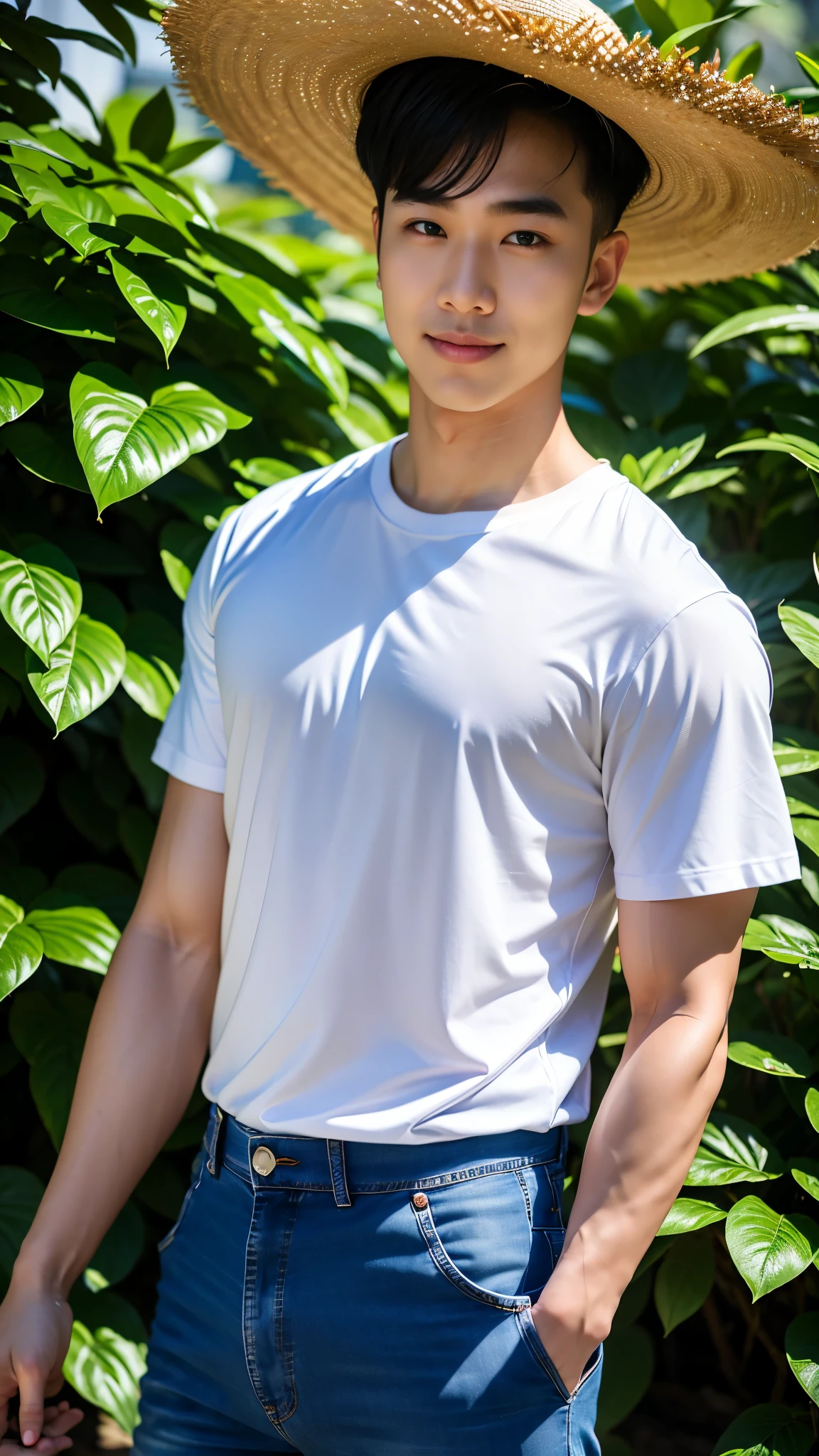 1 man, smile, (Wear a white round neck shirt., short sleeve shirt ยี่ห้อ under armor), (Jeans), (Korean guy) , korean men, (Lifelike lighting), chest muscles, Big arm muscles, blood vessel, big muscles, Broad shoulders, looking at the audience, Balancing the eyeake eye contact), (rice paddies), (ทุ่งrice paddies) , sit in the shade ,holding ears of rice