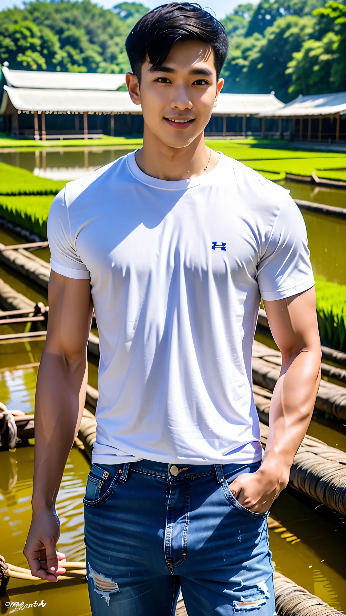 1 man, smile, (Wear a white round neck shirt., short sleeve shirt ยี่ห้อ under armor), Jeans, Korean guy , korean men, (Lifelike lighting), chest muscles, Big arm muscles, blood vessel, big muscles, Broad shoulders, looking at the audience, Balancing the eyeake eye contact), (rice paddies), (ทุ่งrice paddies) , sit in the shade 