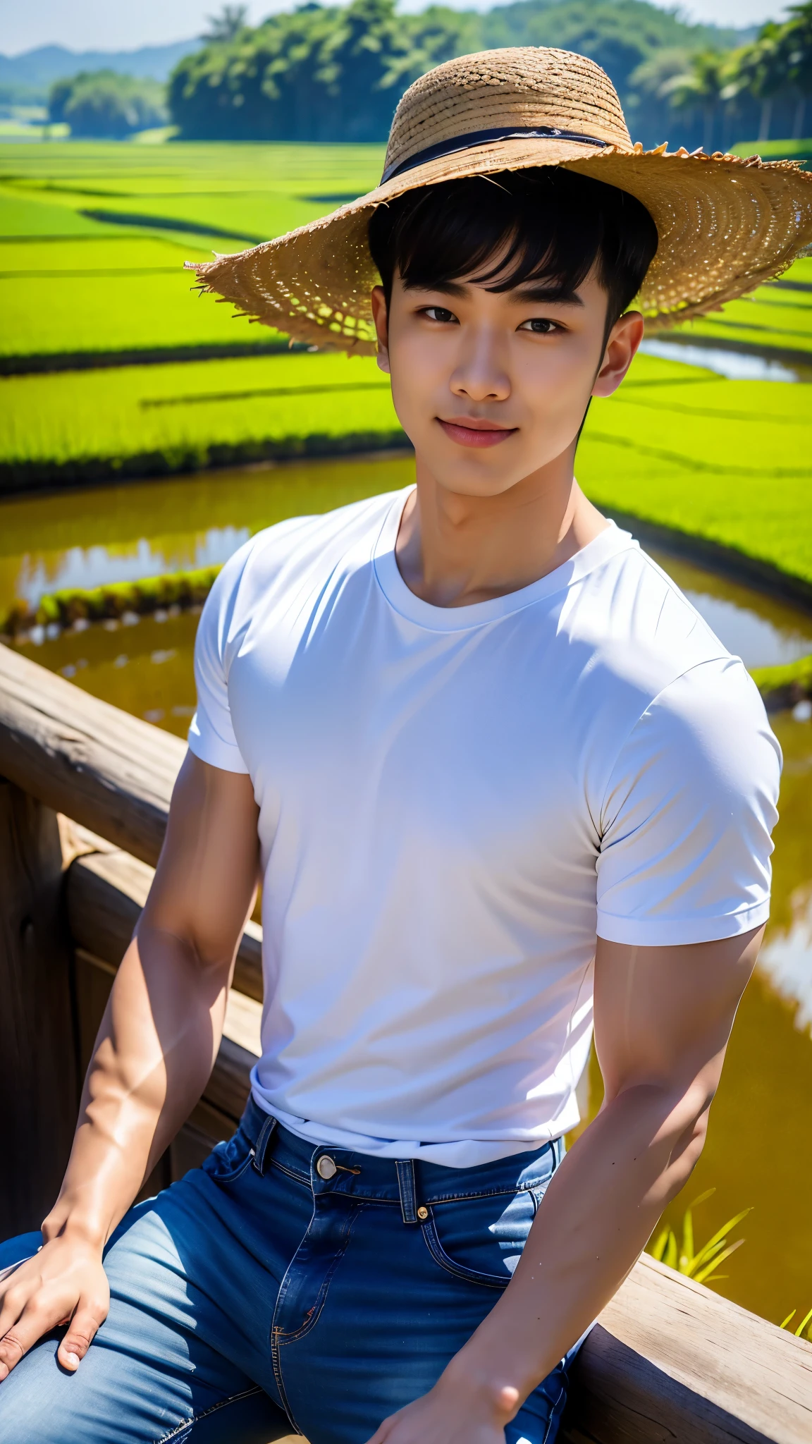 1 man, smile, (Wear a white round neck shirt., short sleeve shirt ยี่ห้อ under armor), (Jeans), (Korean guy) , korean men, (Lifelike lighting), chest muscles, Big arm muscles, blood vessel, big muscles, Broad shoulders, looking at the audience, Balancing the eyeake eye contact), (rice paddies), (ทุ่งrice paddies) , sit in the shade ,holding ears of rice, Put on a hat.