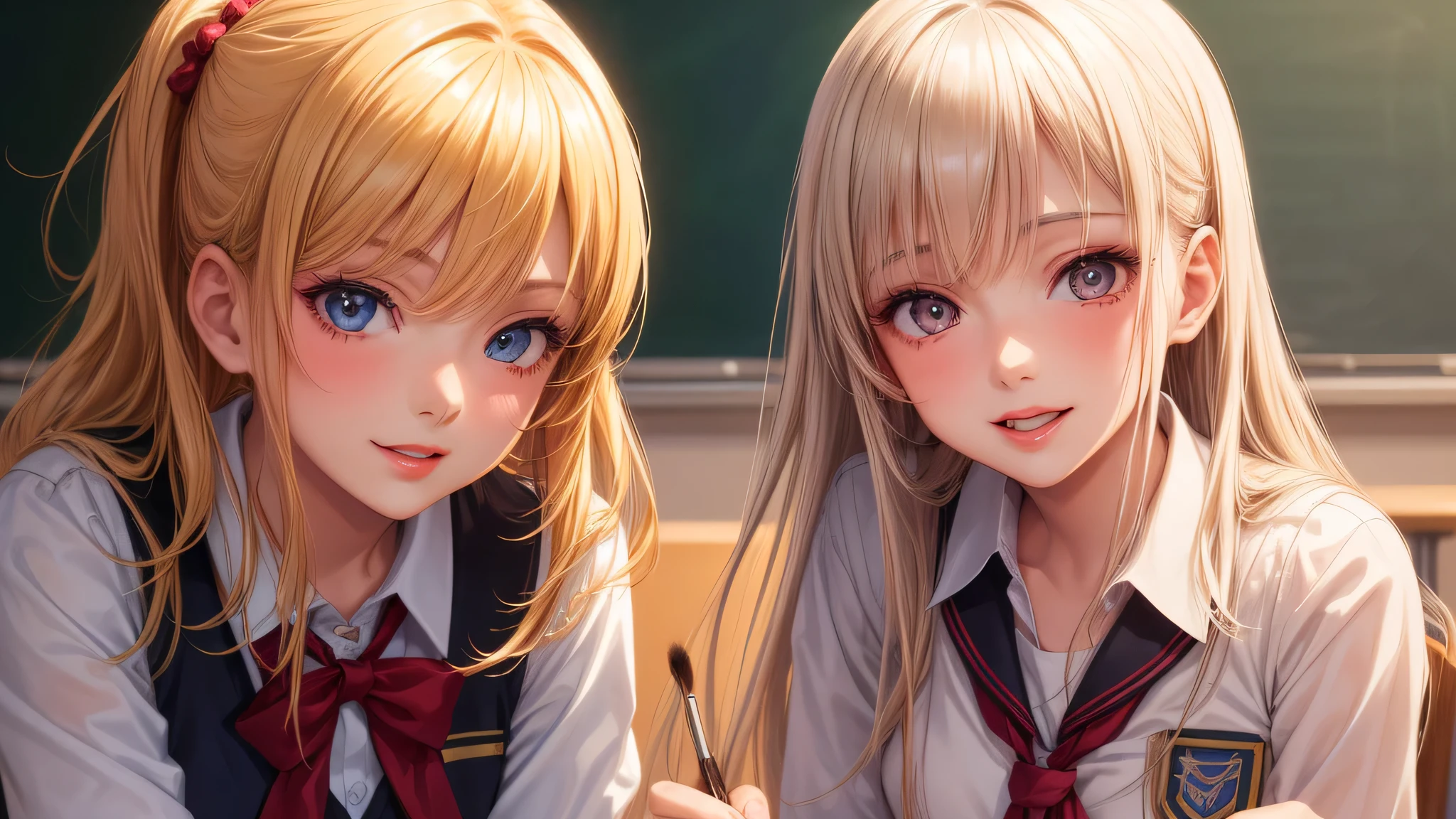 (2 girls:1.2), incredibly beautiful face, compensate, lipstick, enchanting smile, blonde, (school uniform, mini skirt:1.2), (highest quality: 1.4), (Super detailed), (highest quality:1.4), (super detailed), evening, (anime illustration), very high resolution, (Upper body), close up face, (School, classroom), School anime,  anime illustration,