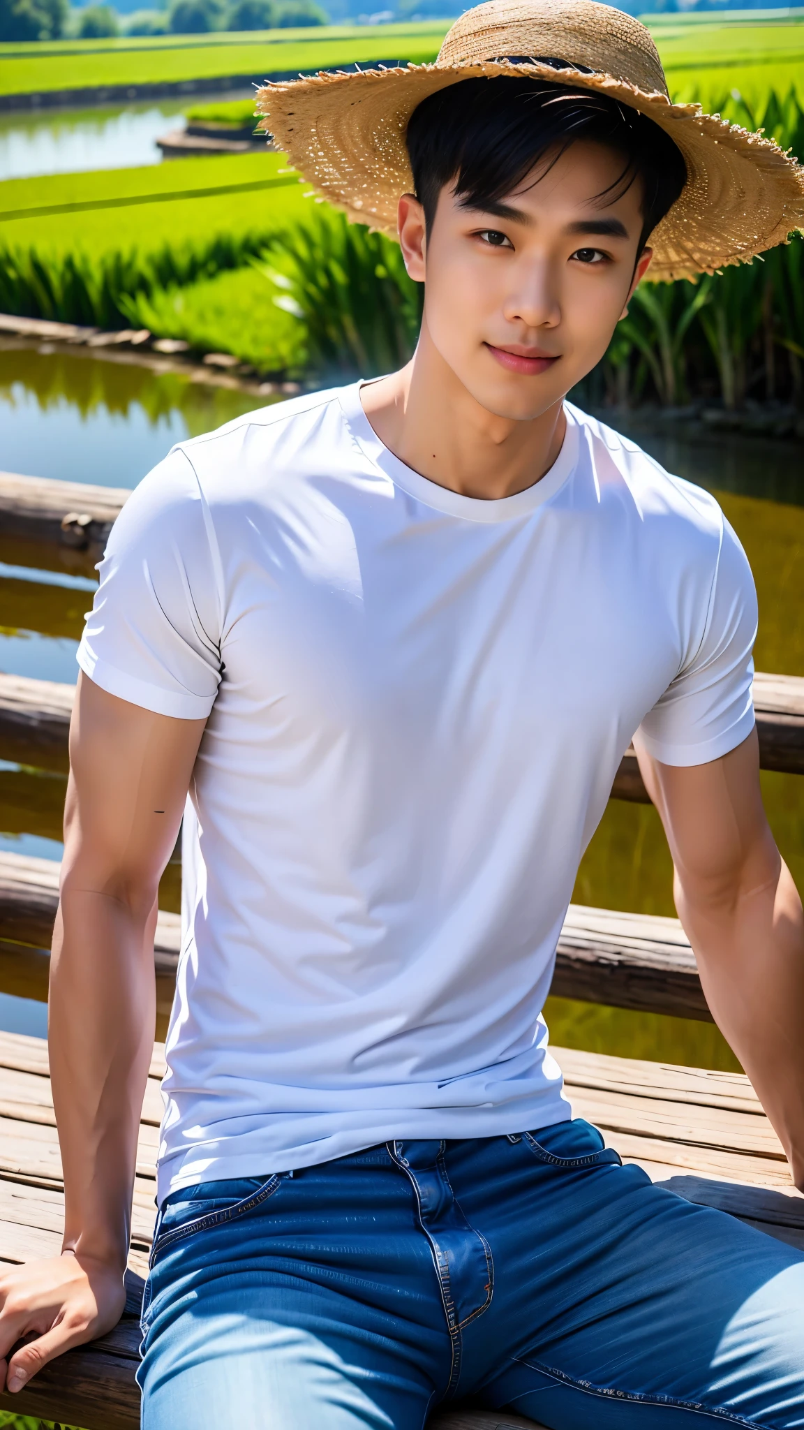 1 man, smile, (Wear a white round neck shirt., short sleeve shirt ยี่ห้อ under armor), (Jeans), (Korean guy) , korean men, (Lifelike lighting), chest muscles, Big arm muscles, blood vessel, big muscles, Broad shoulders, looking at the audience, Balancing the eyeake eye contact), (rice paddies), (ทุ่งrice paddies) , sit in the shade ,holding ears of rice, Put on a hat.