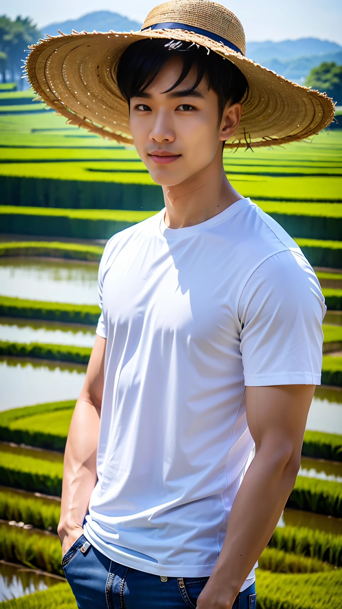 1 man, smile, (Wear a white round neck shirt., short sleeve shirt ยี่ห้อ under armor), Jeans, Korean guy , korean men, (Lifelike lighting), chest muscles, Big arm muscles, blood vessel, big muscles, Broad shoulders, looking at the audience, Balancing the eyeake eye contact), (rice paddies), (ทุ่งrice paddies) , sit in the shade 