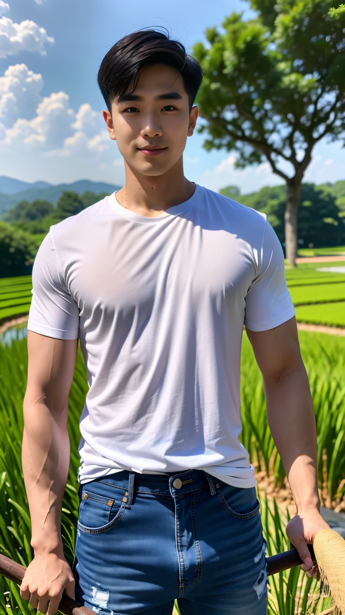 1 man, smile, (Wear a white round neck shirt., short sleeve shirt ยี่ห้อ under armor), (Jeans), (Korean guy) , korean men, (Lifelike lighting), chest muscles, Big arm muscles, blood vessel, big muscles, Broad shoulders, looking at the audience, Balancing the eyeake eye contact), (rice paddies), (ทุ่งrice paddies) , sit in the shade ,dark holding a scythe,