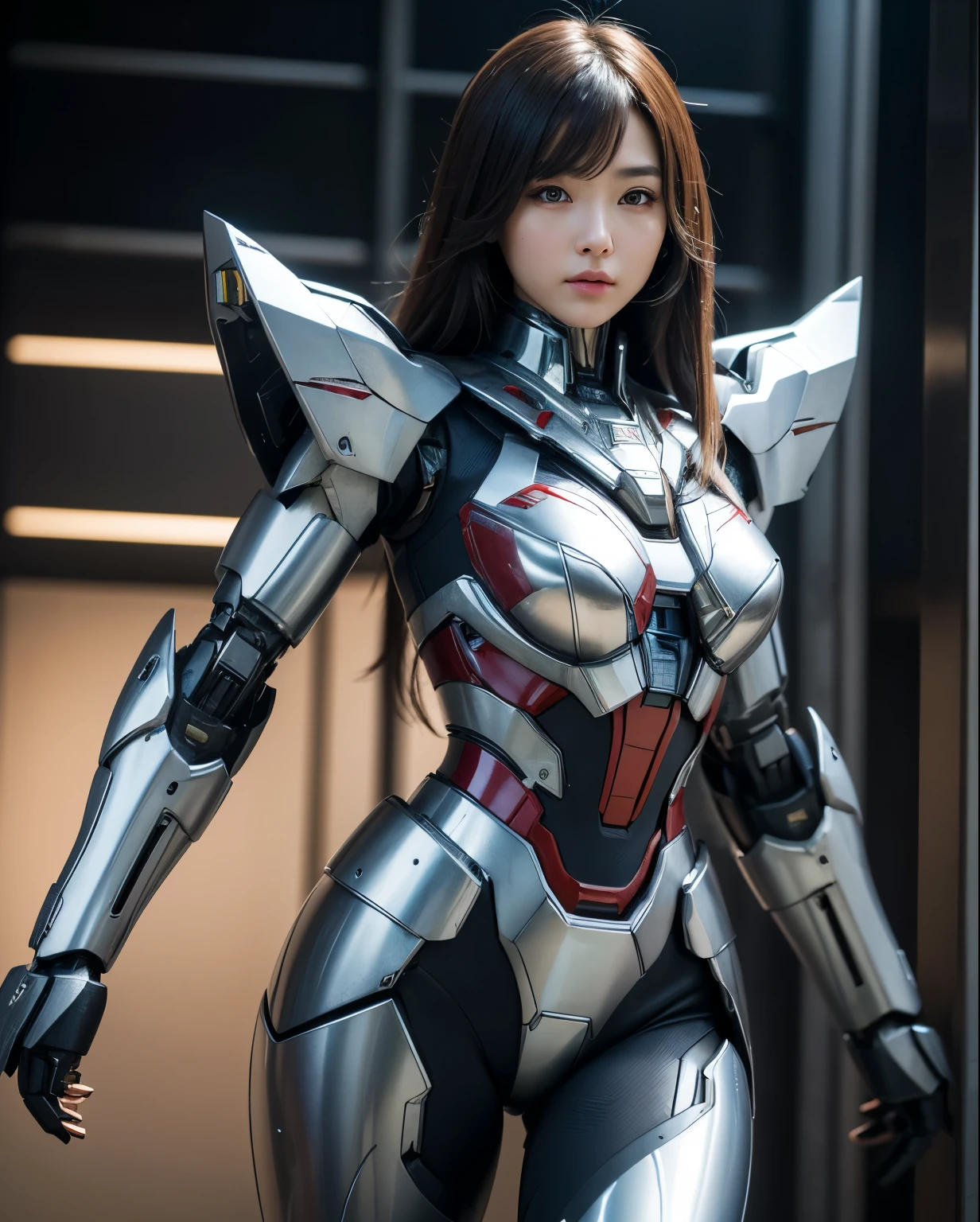 Super detailed, advanced details, high quality, 最high quality, High resolution, 1080p, hard disk, beautiful,(super heroine),beautifulサイボーグ女性,Mecha cyborg girl,battle mode,Mecha body girl,She is wearing a futuristic Iron Patriot mecha,front