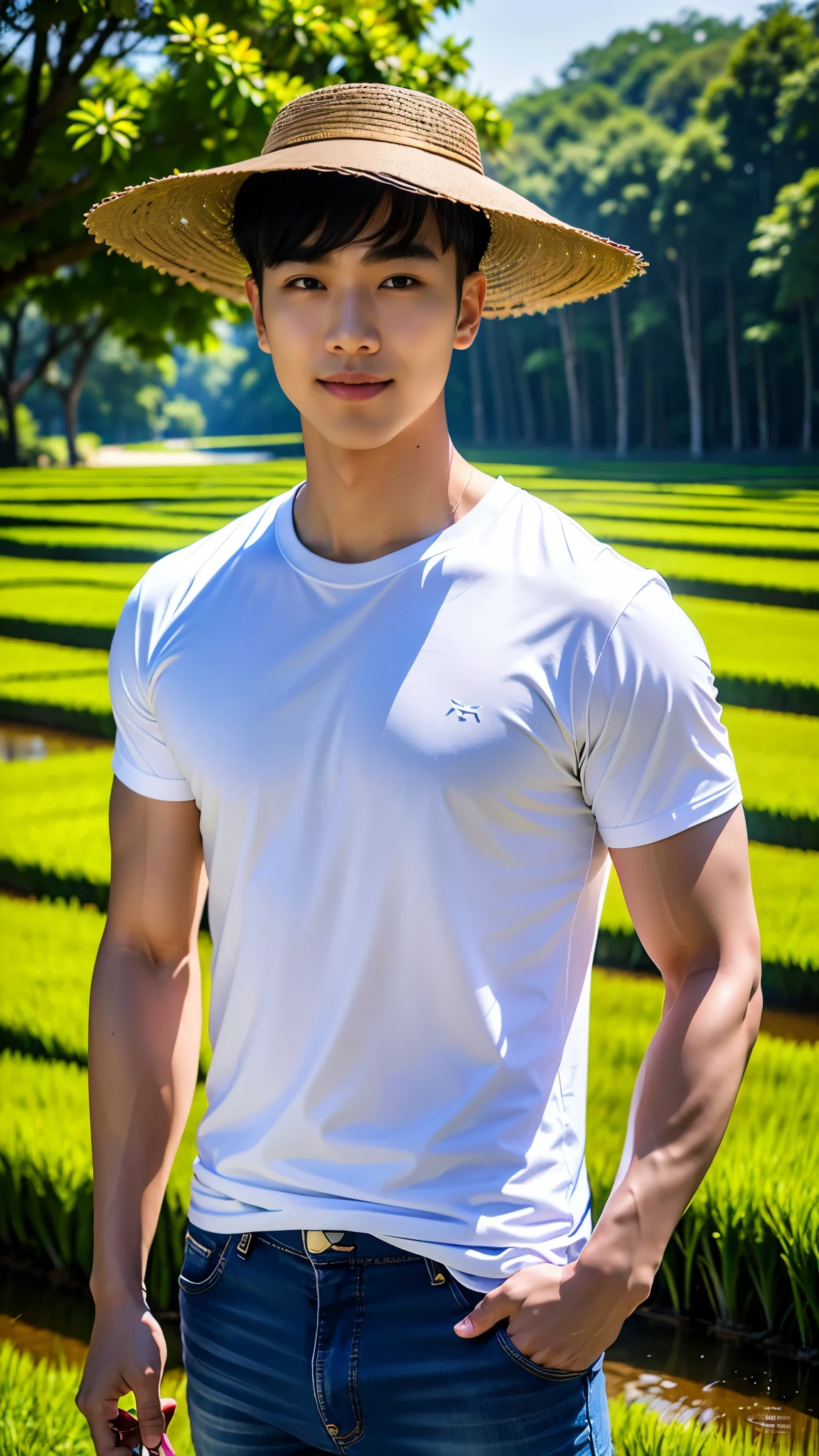 1 man, smile, (Wear a white round neck shirt., short sleeve shirt ยี่ห้อ under armor), (Jeans), (Korean guy) , korean men, (Lifelike lighting), chest muscles, Big arm muscles, blood vessel, big muscles, Broad shoulders, looking at the audience, Balancing the eyeake eye contact), (rice paddies), (ทุ่งrice paddies) , sit in the shade ,dark holding a scythe,